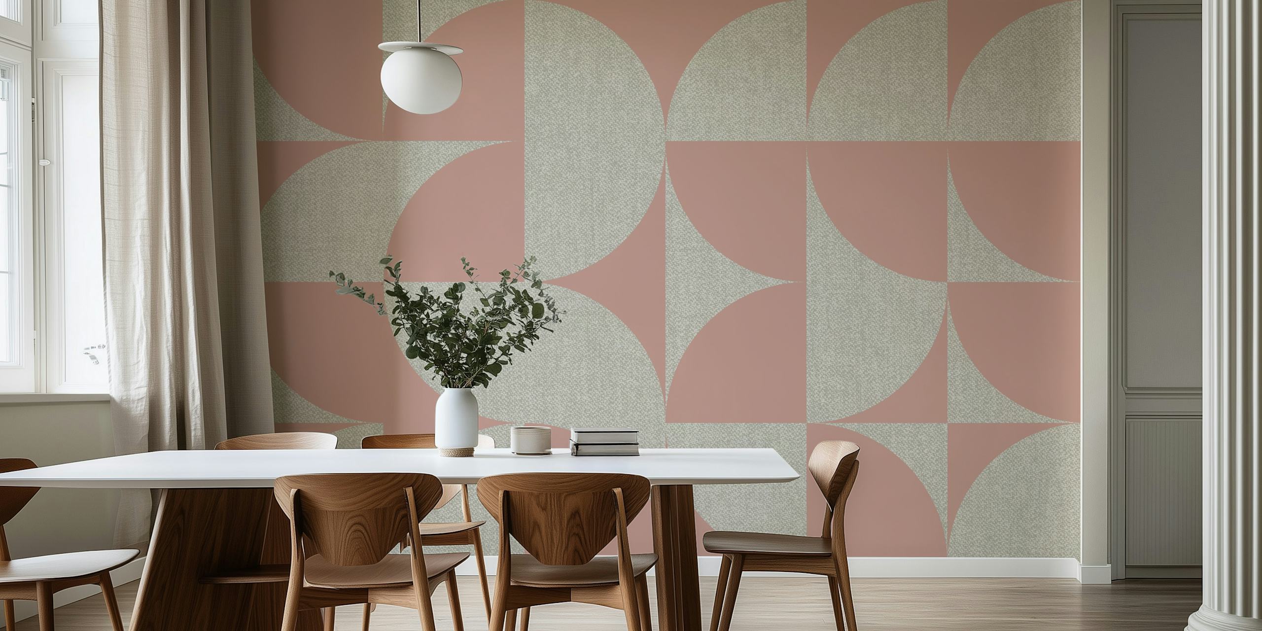 Geometric pattern wallpaper in tan and rose colors