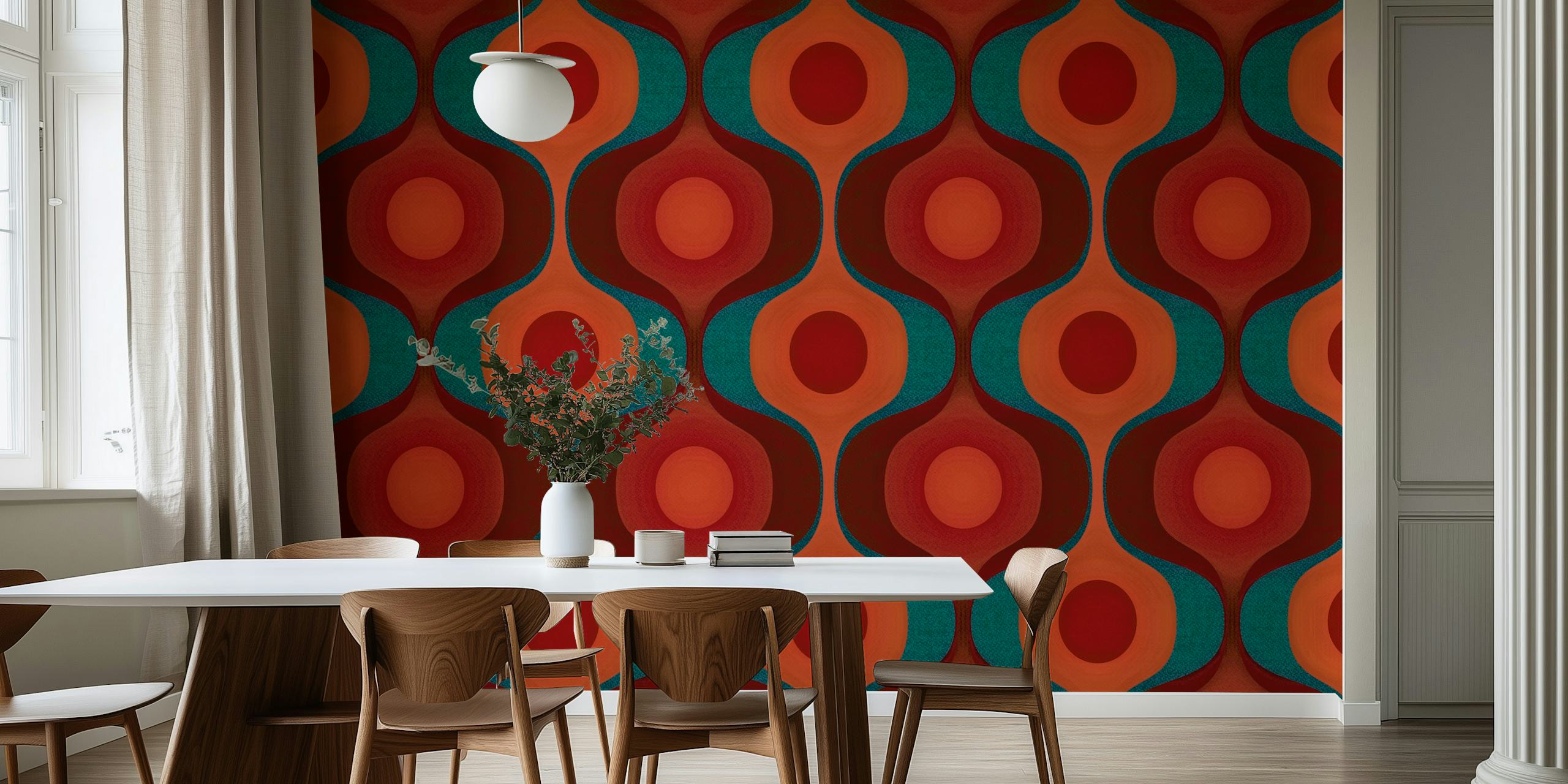Red Coral 70s geometric wallpaper in a room