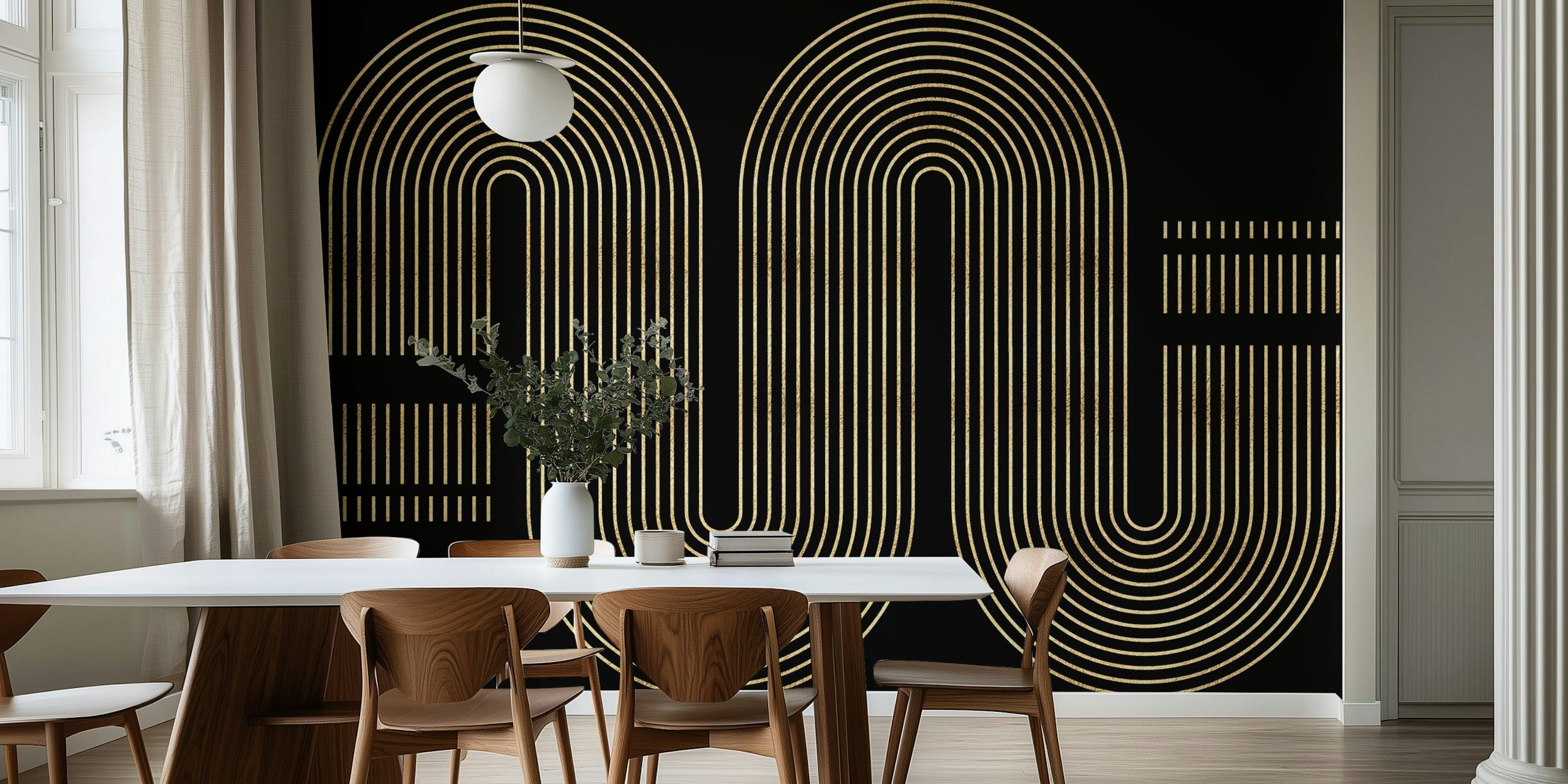Gold lines create a wavy geometric design on a black background wallpaper