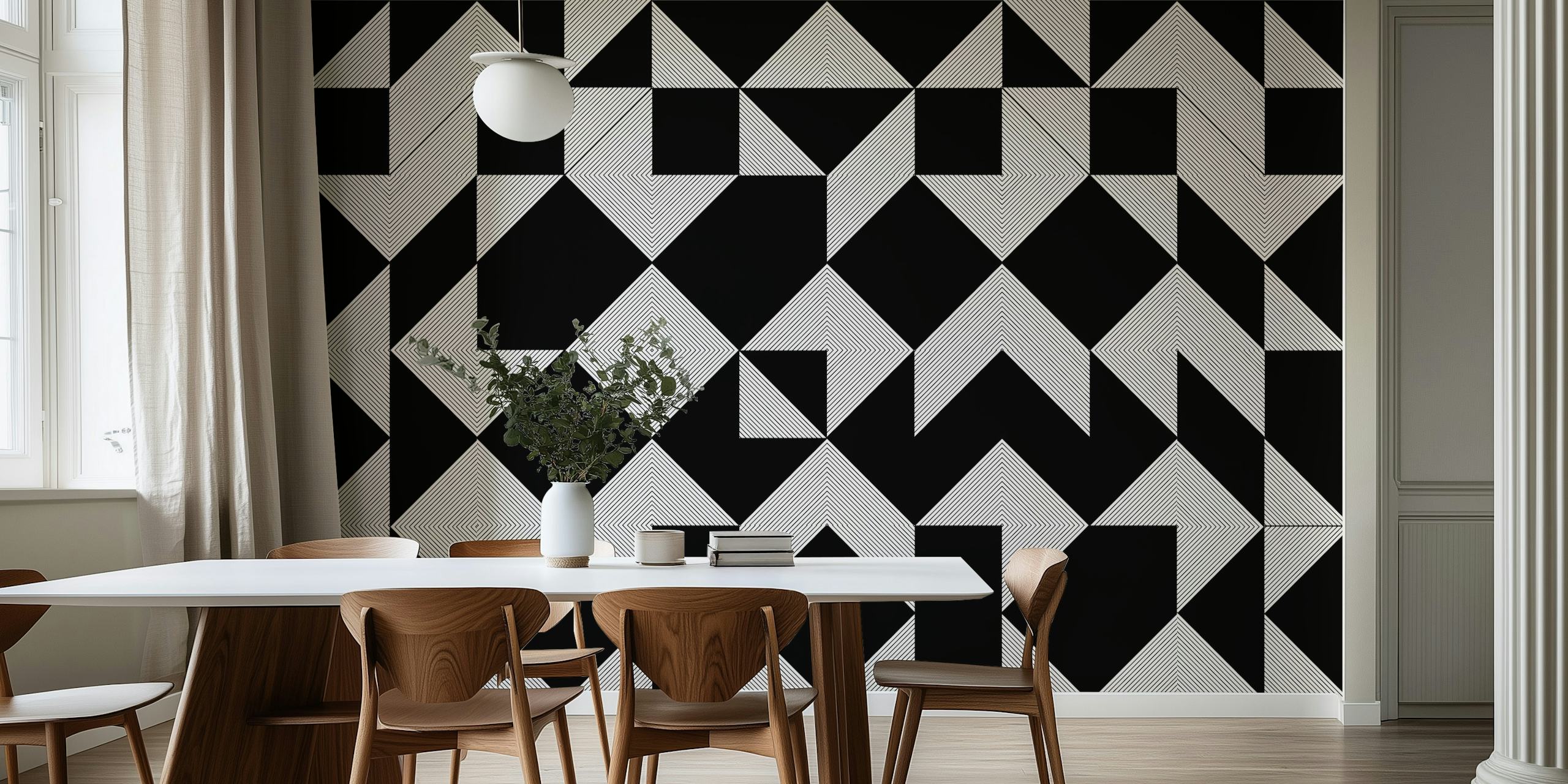 Papel tapiz geométrico en blanco y negro en una habitación