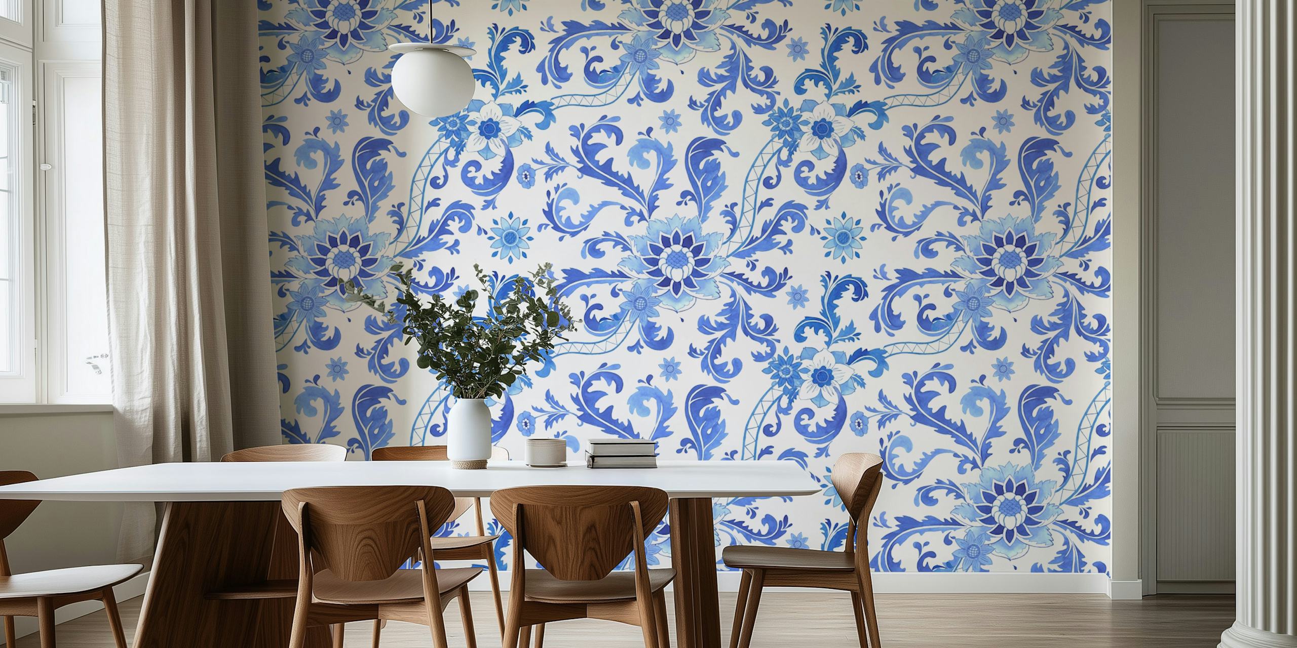 Blue Chinoiserie Peonies wallpaper design