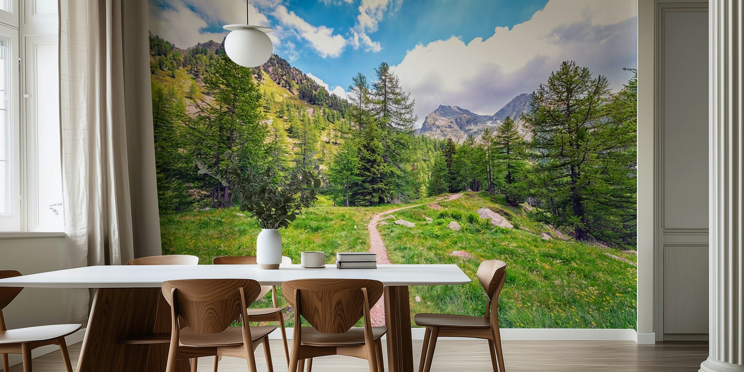 Mountain landscape with green trees and blue sky wallpaper