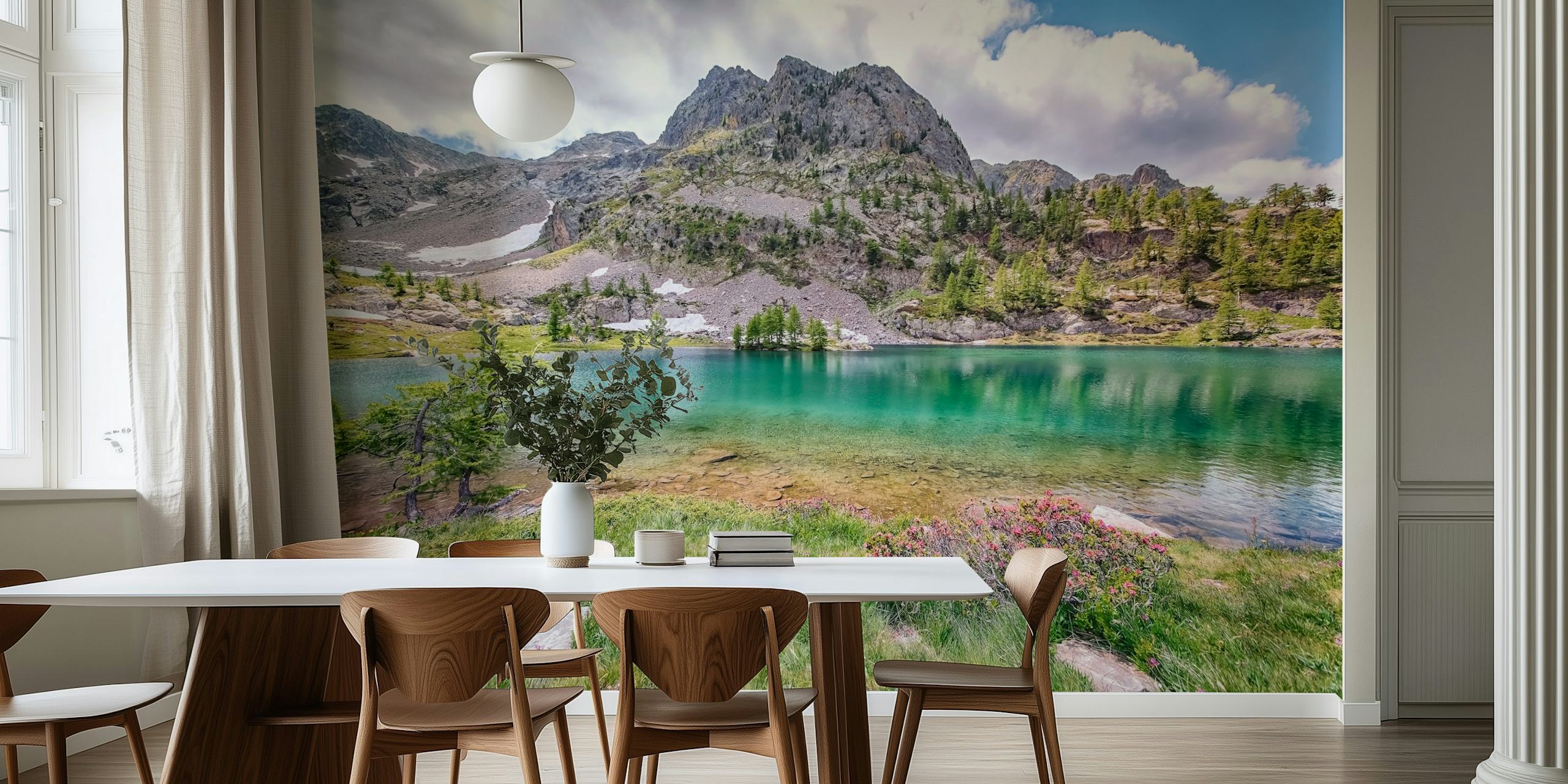 Lake surrounded by lush greenery and mountains, blue and green nature wallpaper