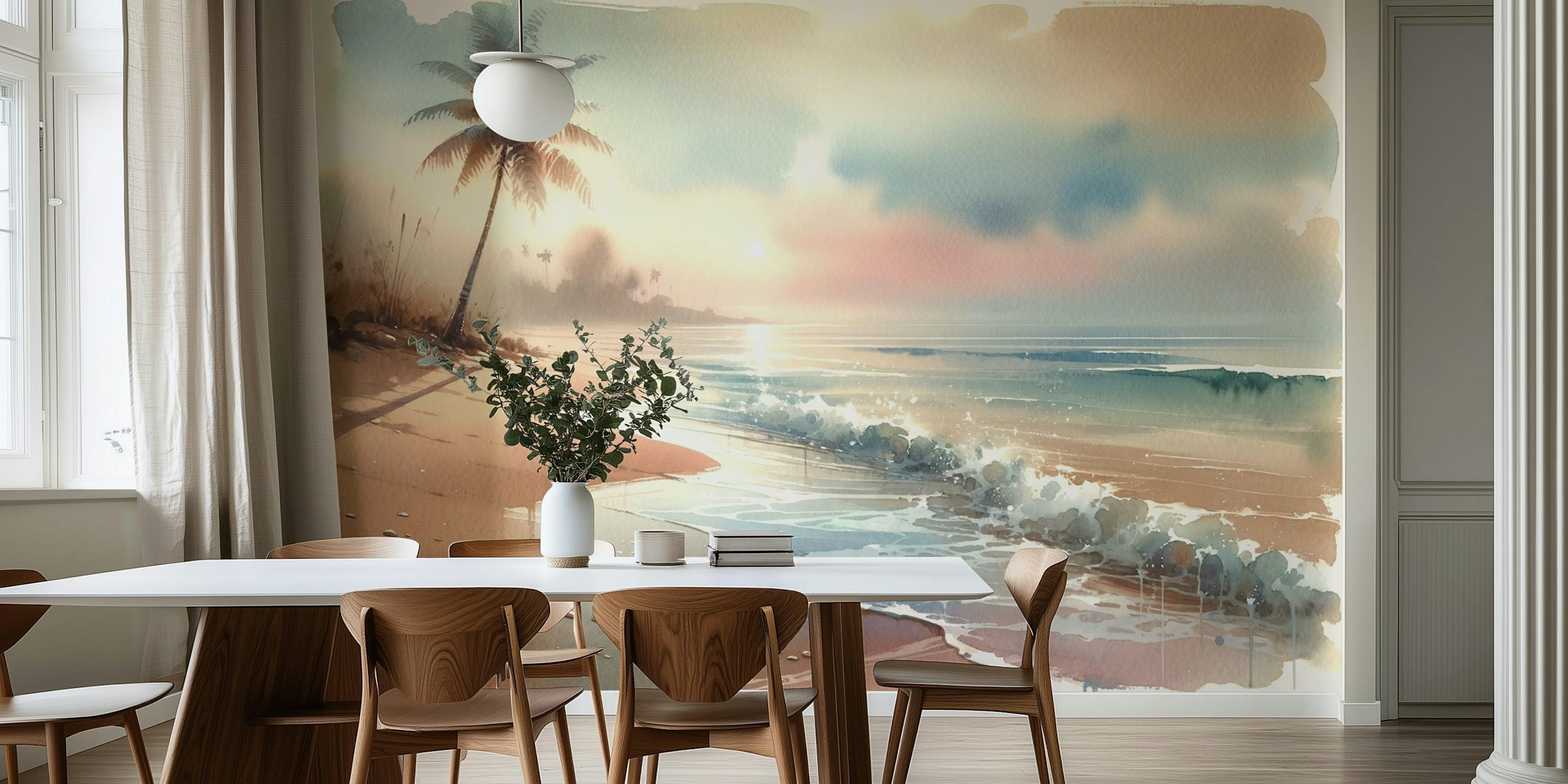 Tropical beach at sunrise with palm tree and gentle waves wallpaper