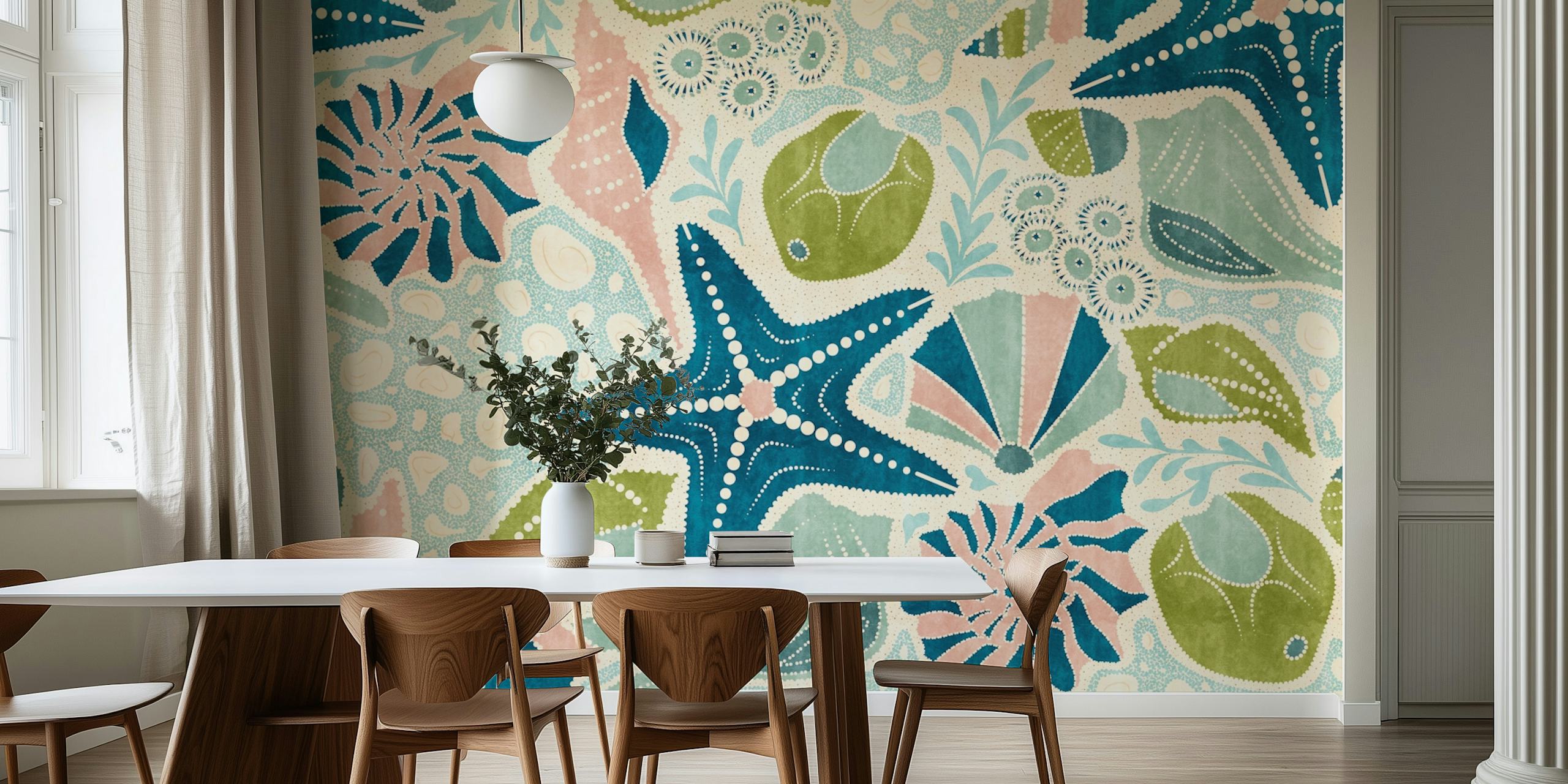 Nautical shell and starfish pattern in blue and green wallpaper