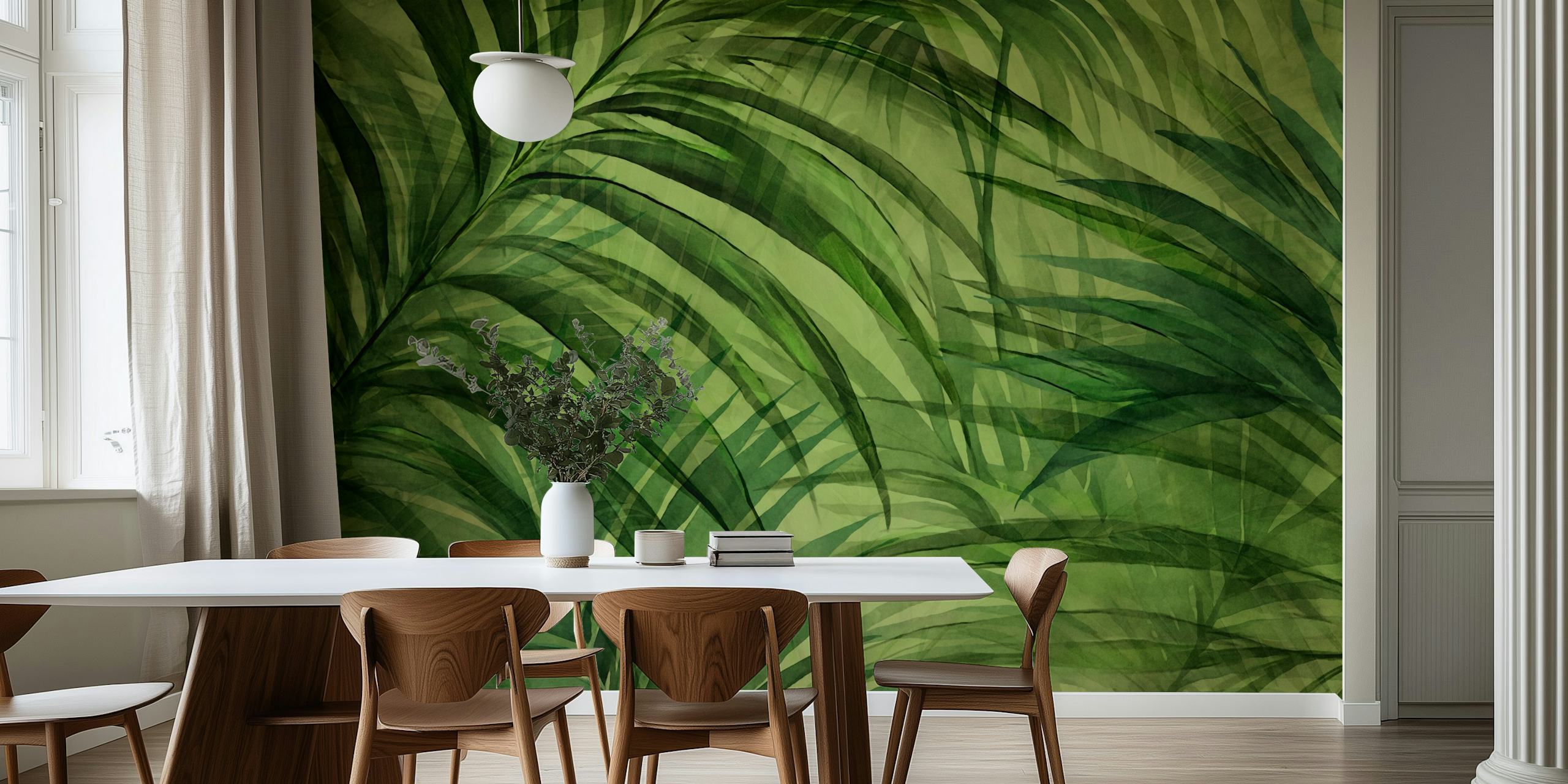 Lush green tropical palm leaf wallpaper design