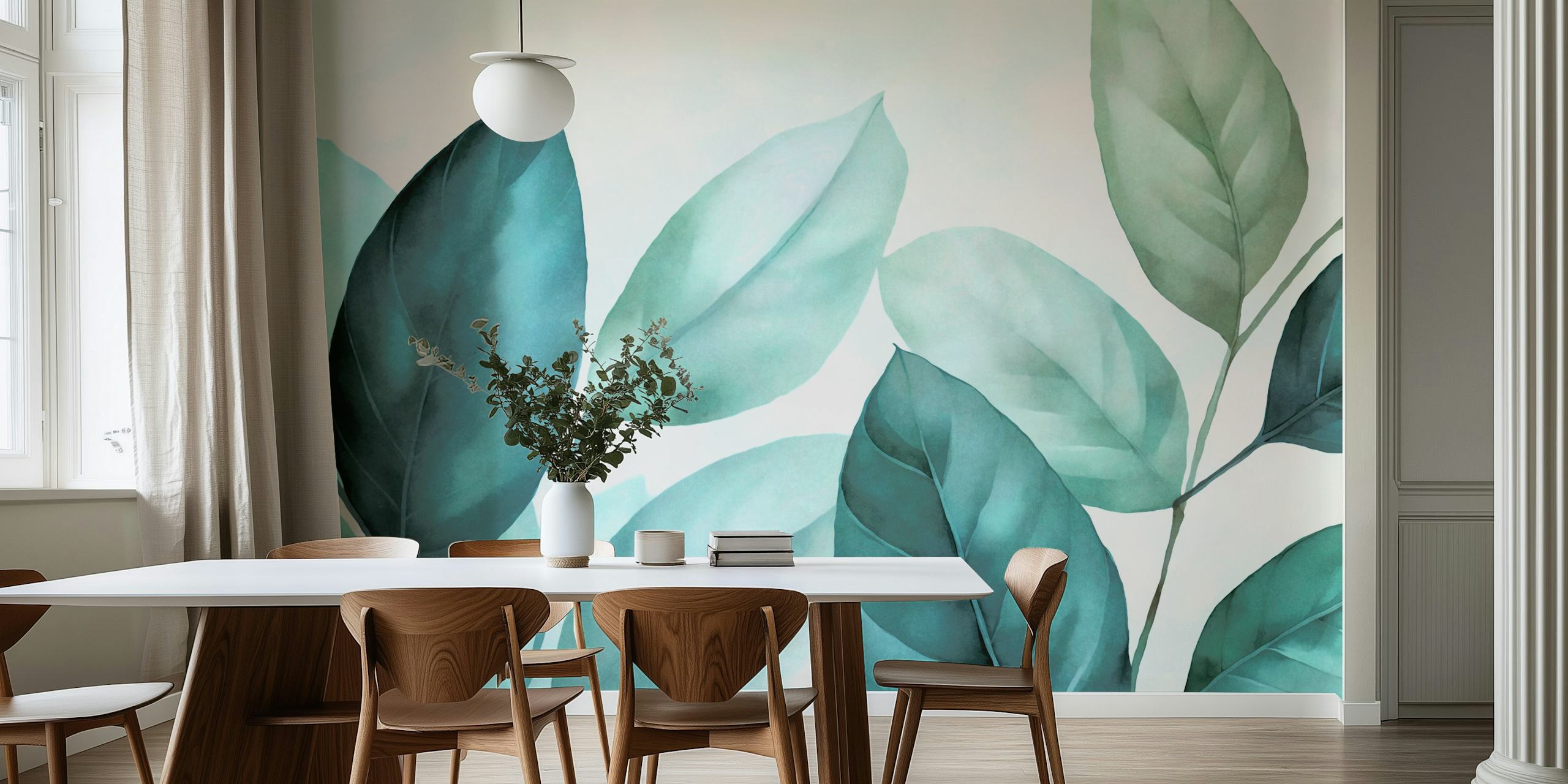 Papel de parede Calm Teal Blue Foliage em um quarto