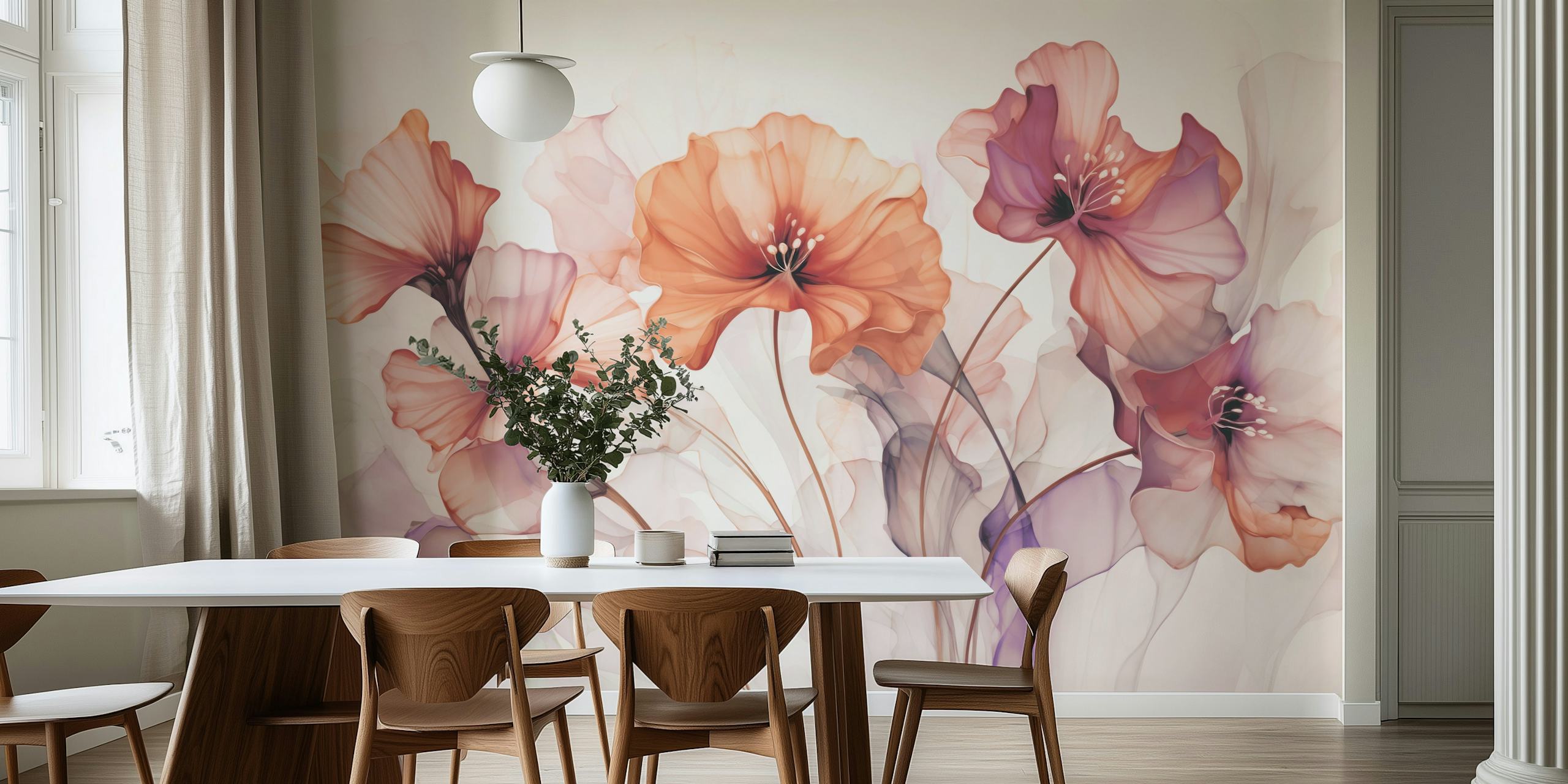 Ethereal Flower Fantasies Purple Peach wzór kwiatowy w pokoju