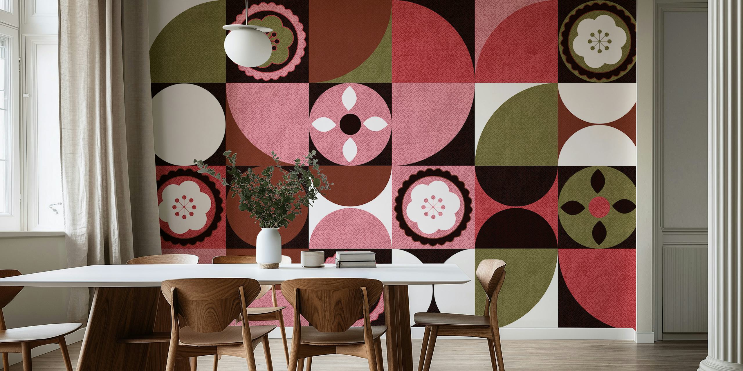 Peinture murale géométrique abstraite Scandi Floral Bauhaus avec un mélange de motifs floraux et de formes géométriques dans des tons de terre