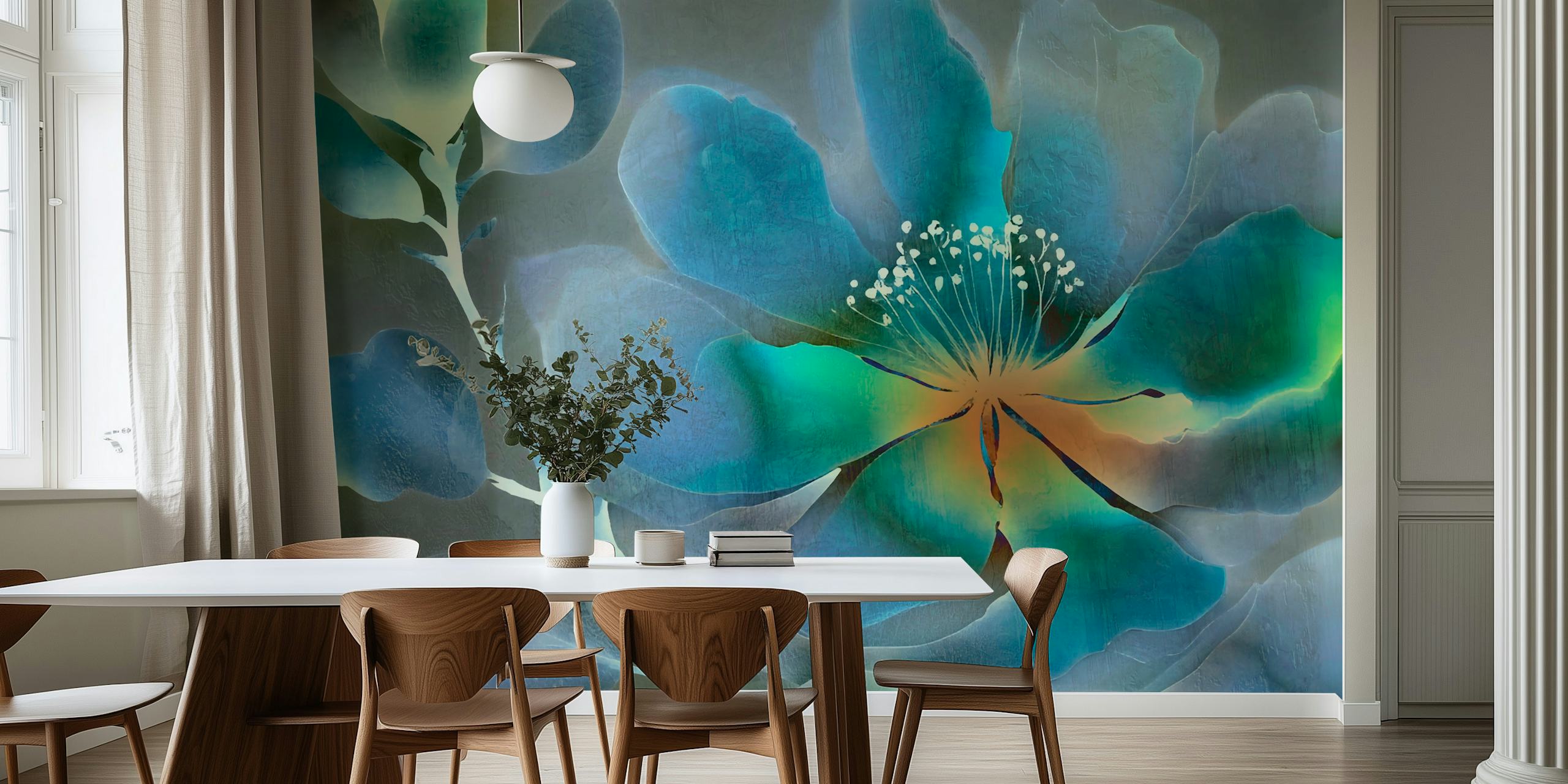 Op Azië geïnspireerde wabi-sabi bloemenmuurschildering met elegante bloemen met een rustige en natuurlijke uitstraling