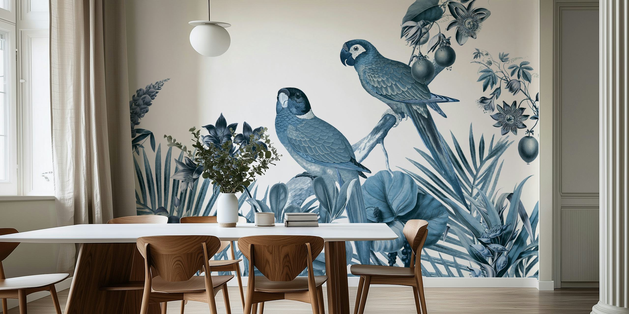 Two blue tropical parrot birds surrounded by floral patterns wallpaper