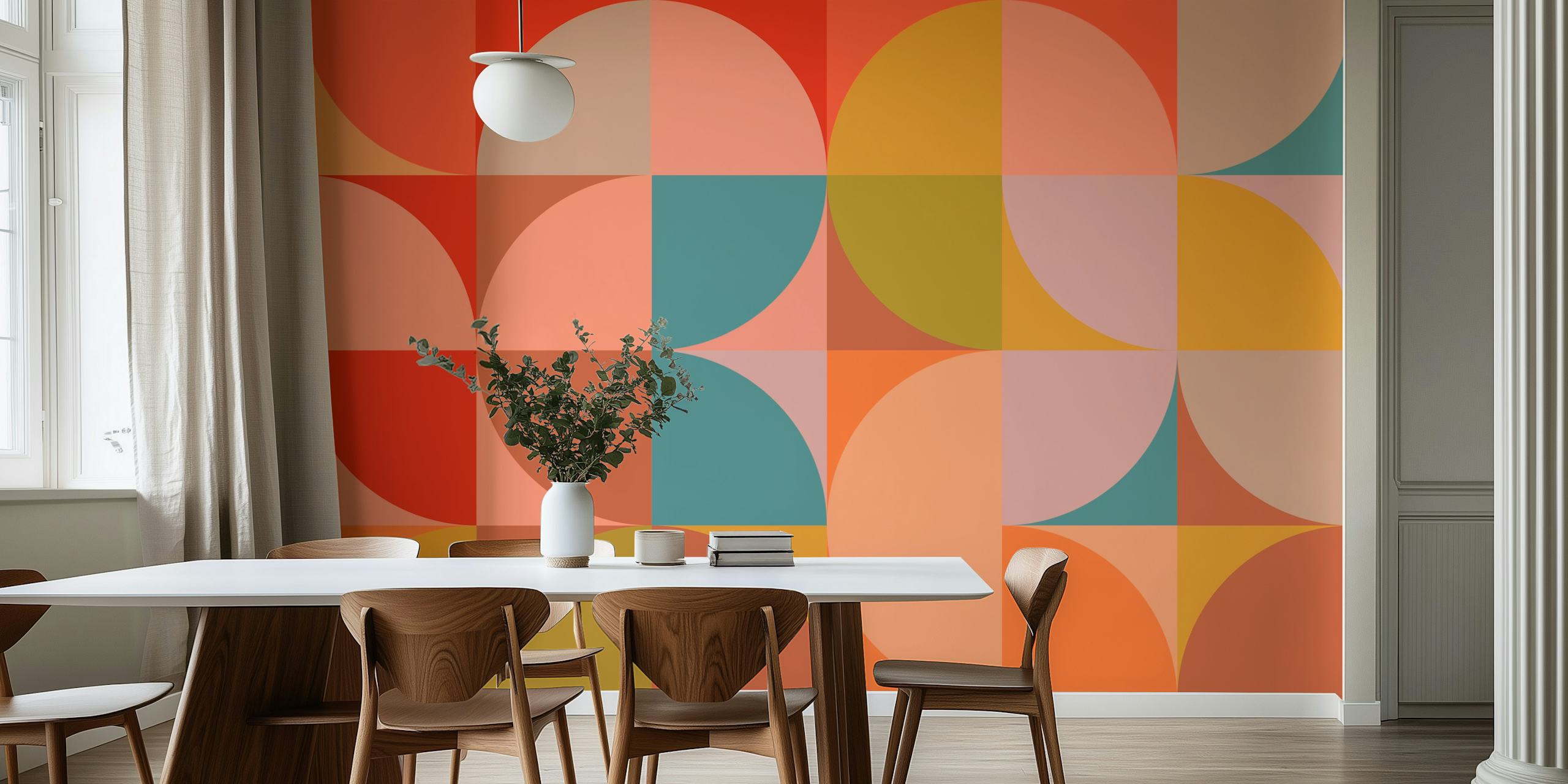 Bauhaus-inspired geometric pattern wall mural with mid-century color scheme