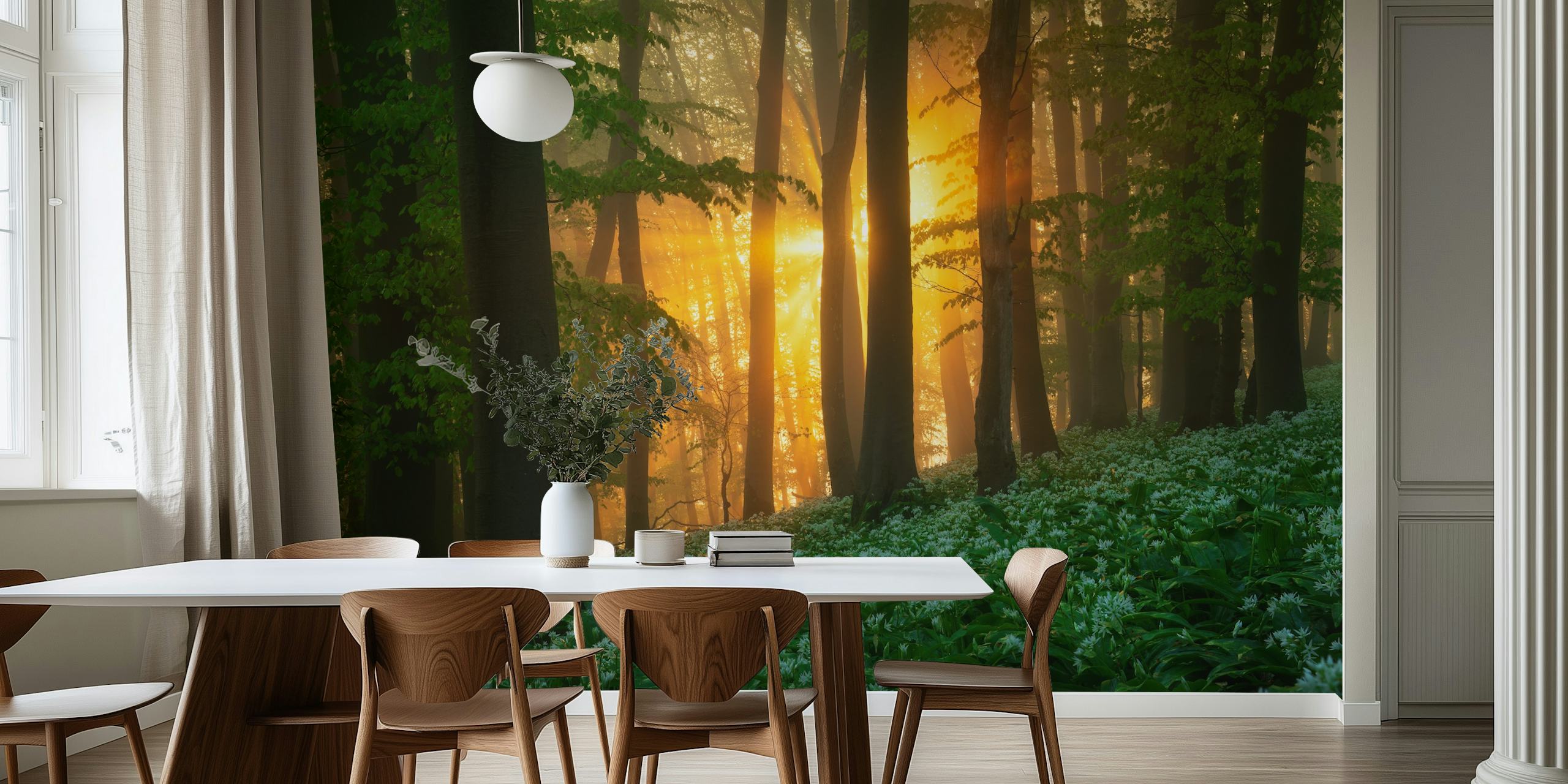 Wild garlic forest with green foliage and white flowers wallpaper