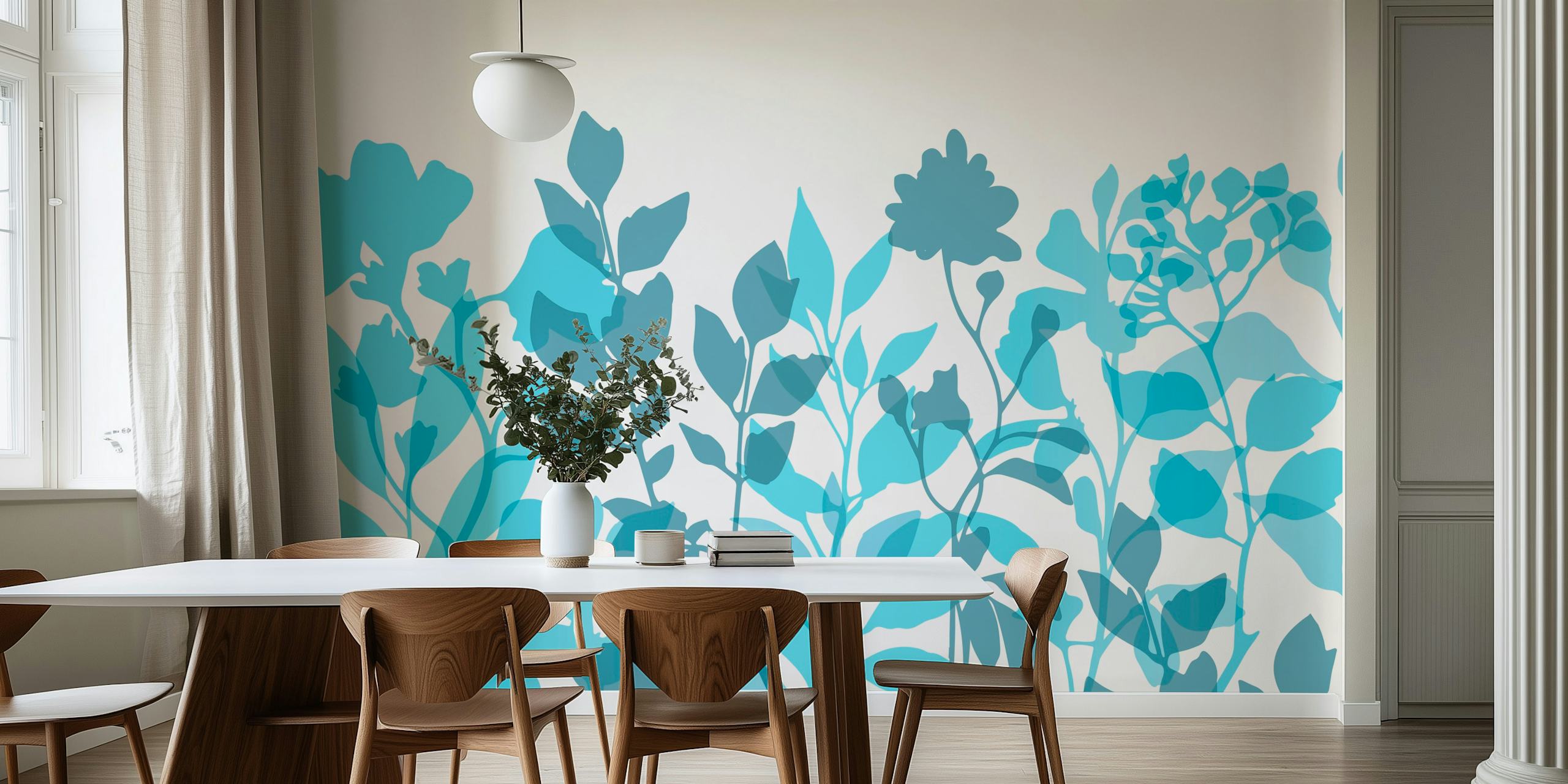 Layered leaves teal wallpaper in a room