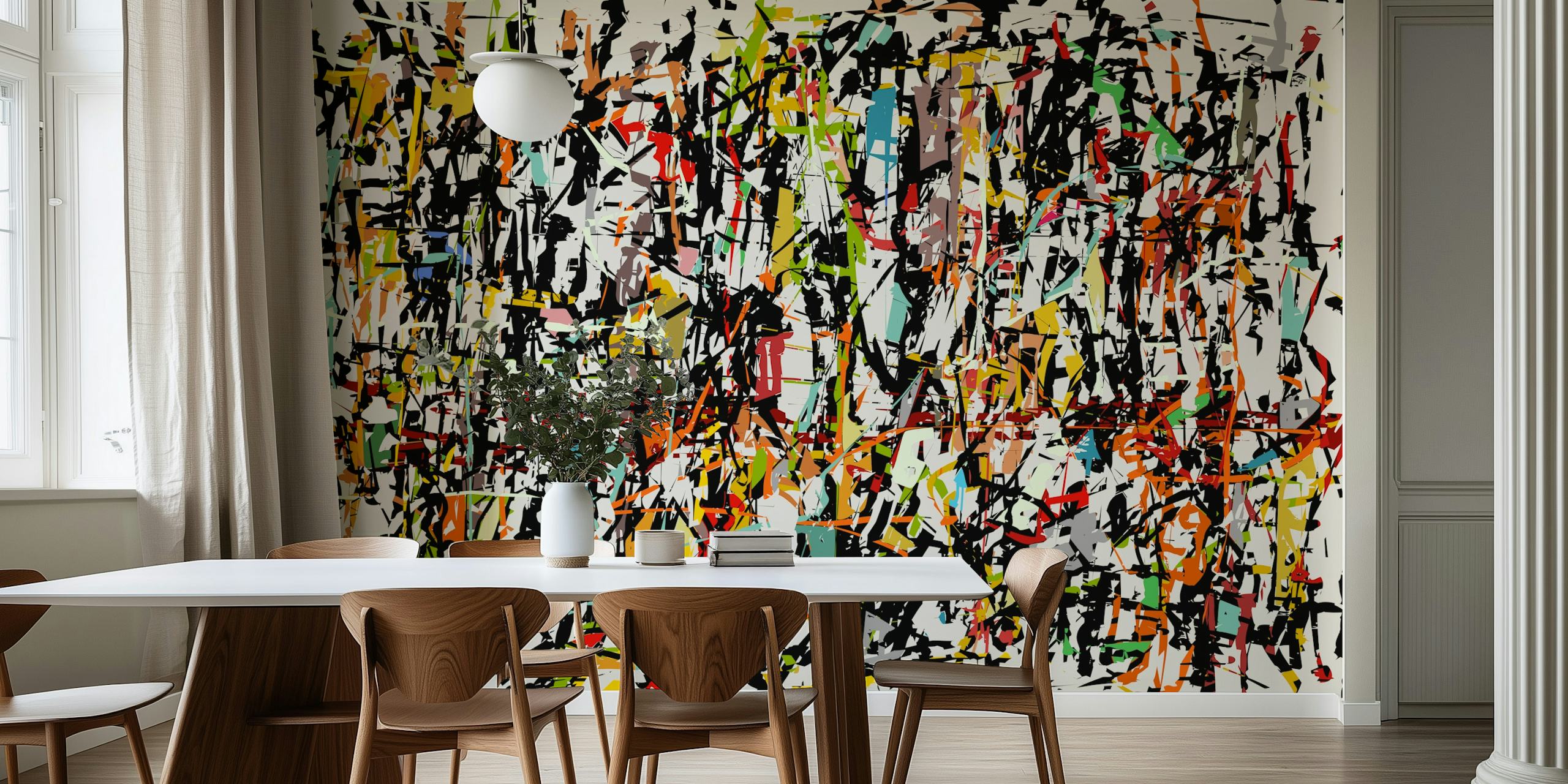 Wandbild im abstrakten Expressionismus-Stil mit bunten Spritzern und schwungvollen Pinselstrichen