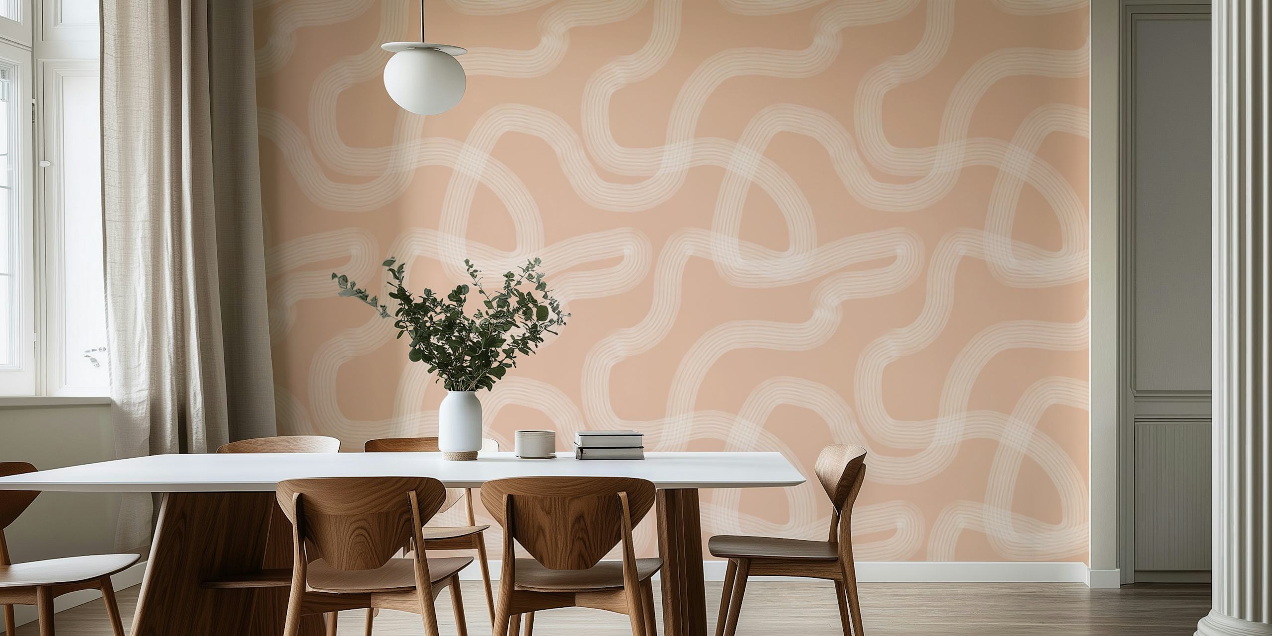 Pale pink abstract line wallpaper with wavy white patterns