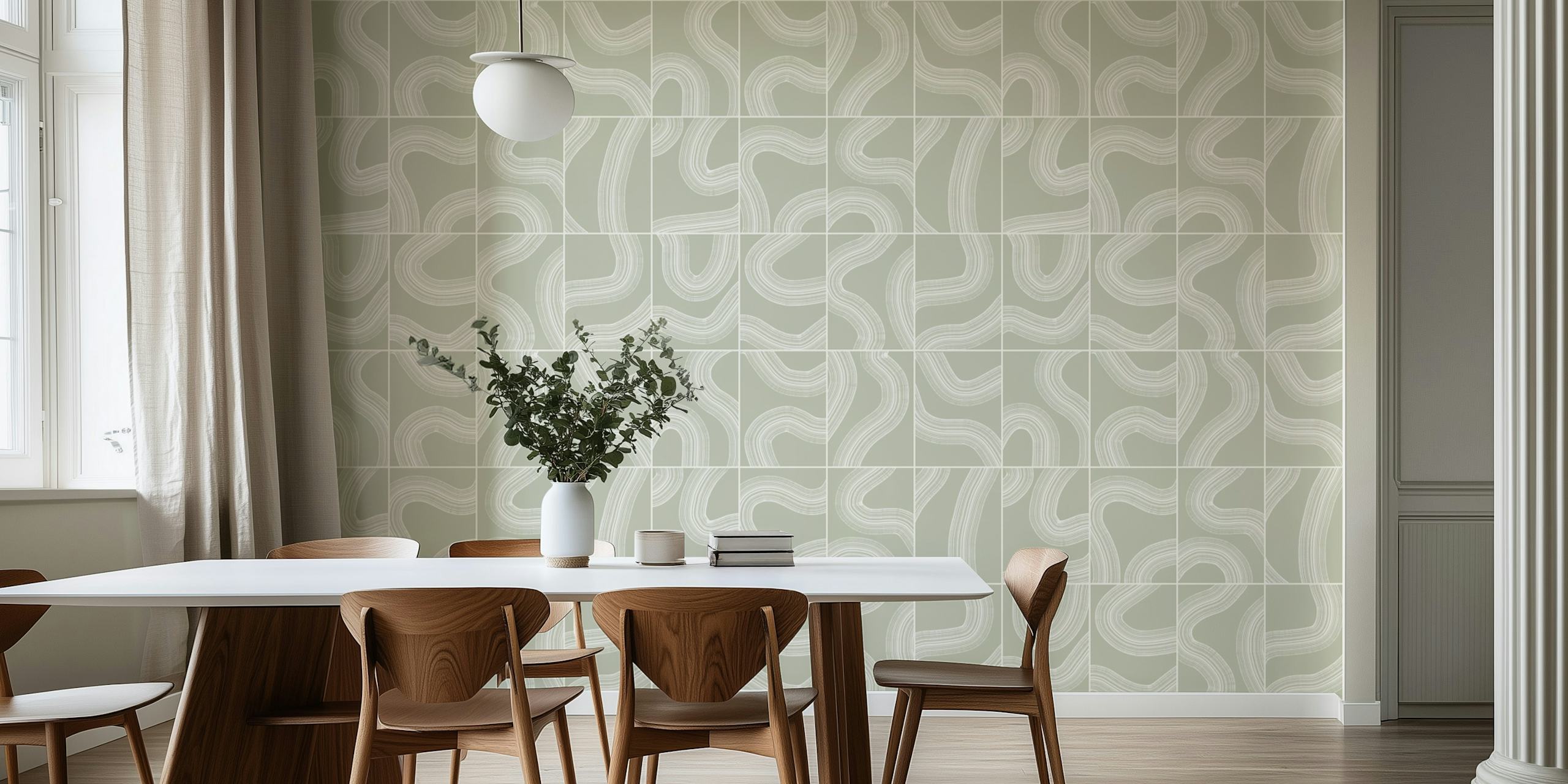 Green abstract wavy tile pattern wallpaper