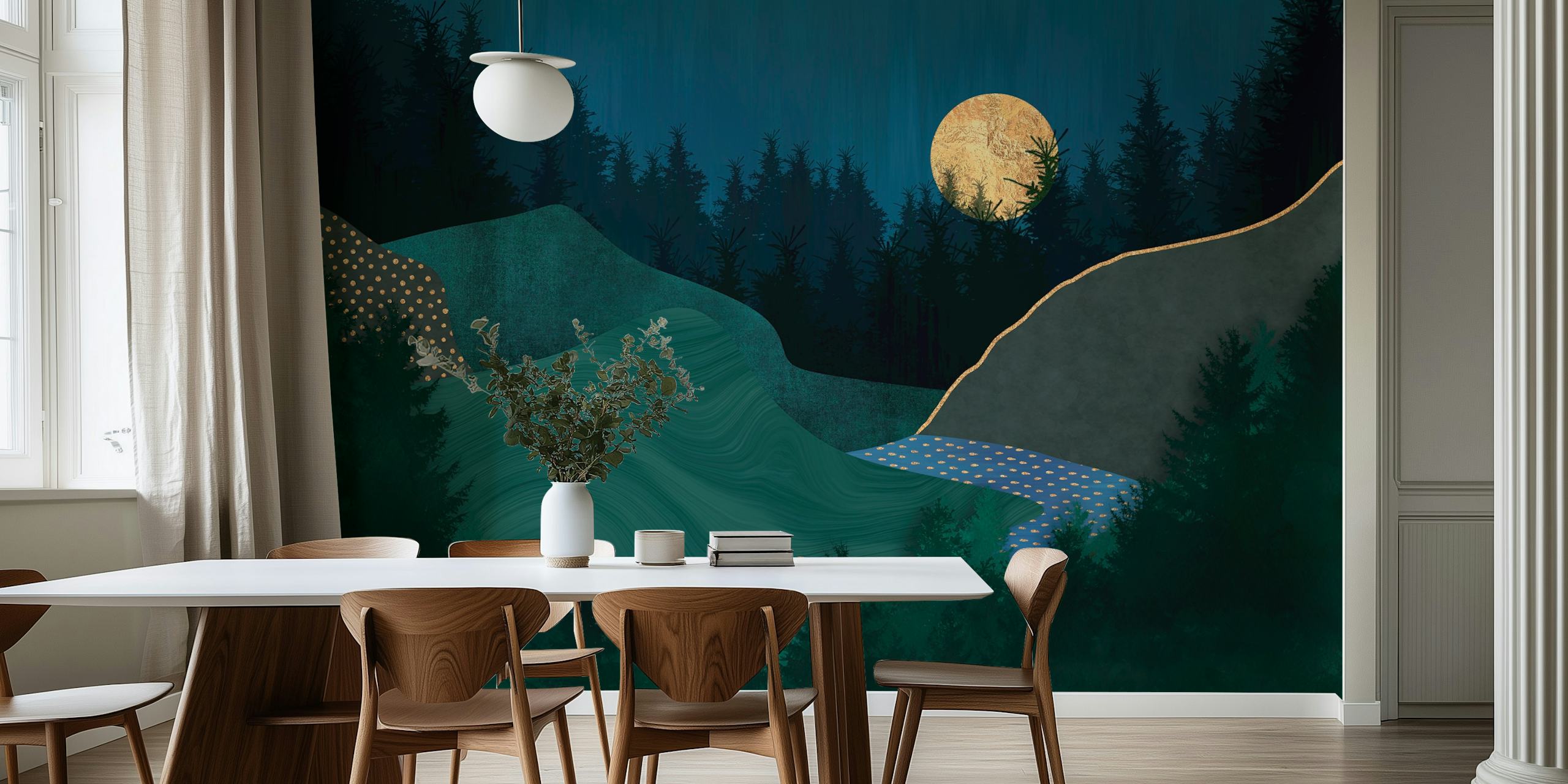 Midnight forest landscape with a full moon; blue and green wallpaper
