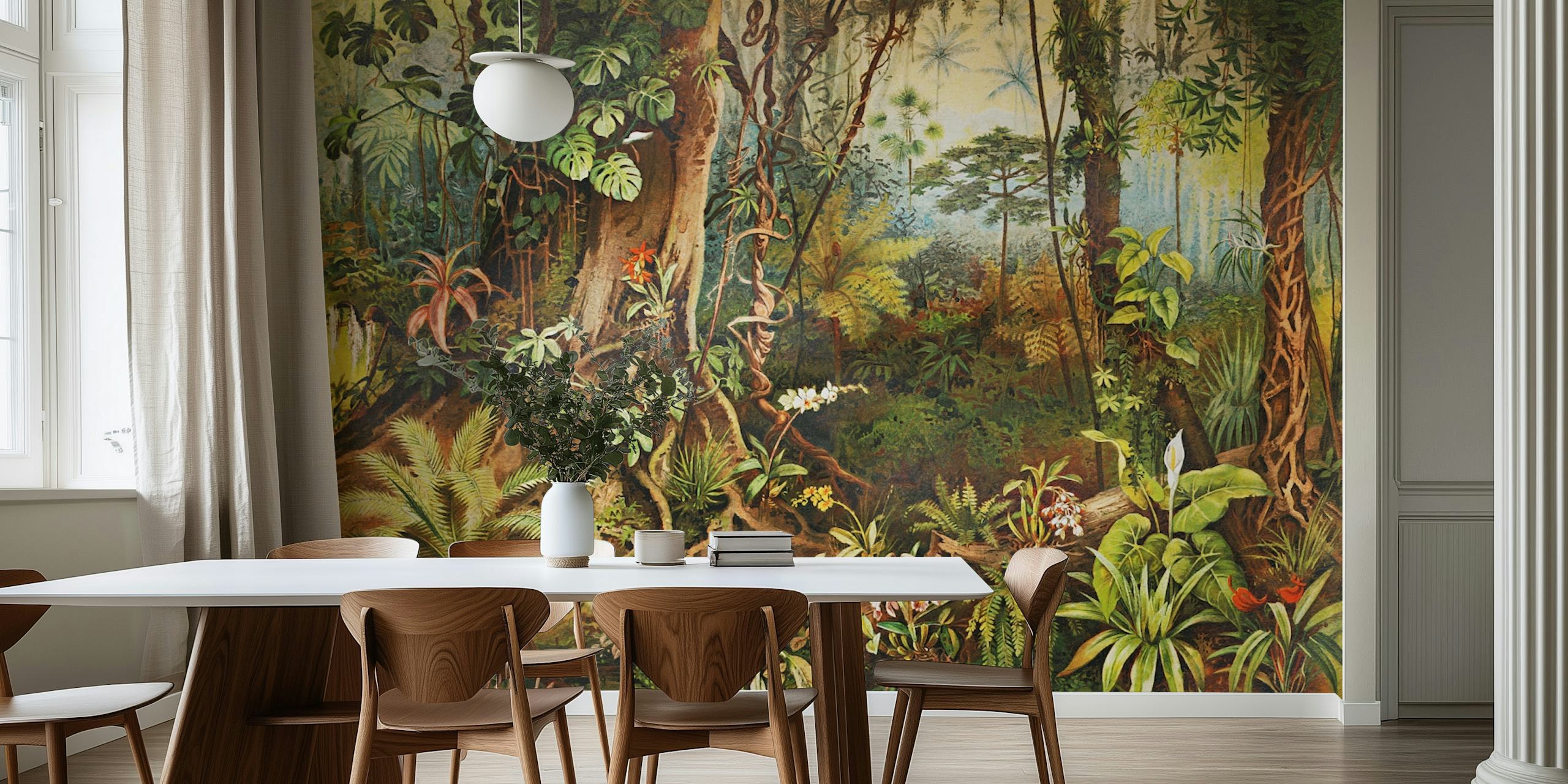Lush jungle scene with tropical plants and vibrant flowers wallpaper