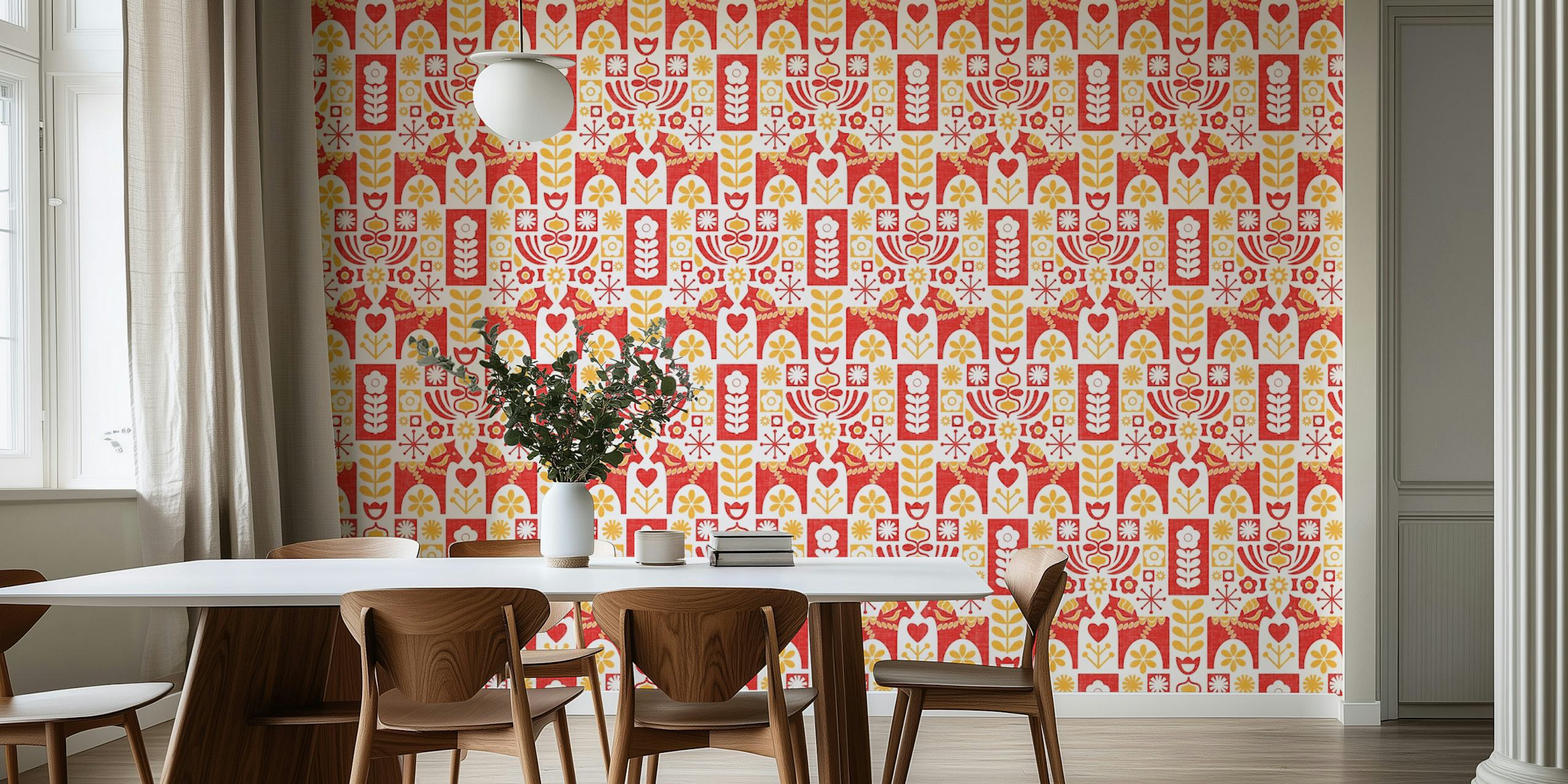 Decorazione murale con motivo di arte popolare svedese in stile moderno di metà secolo