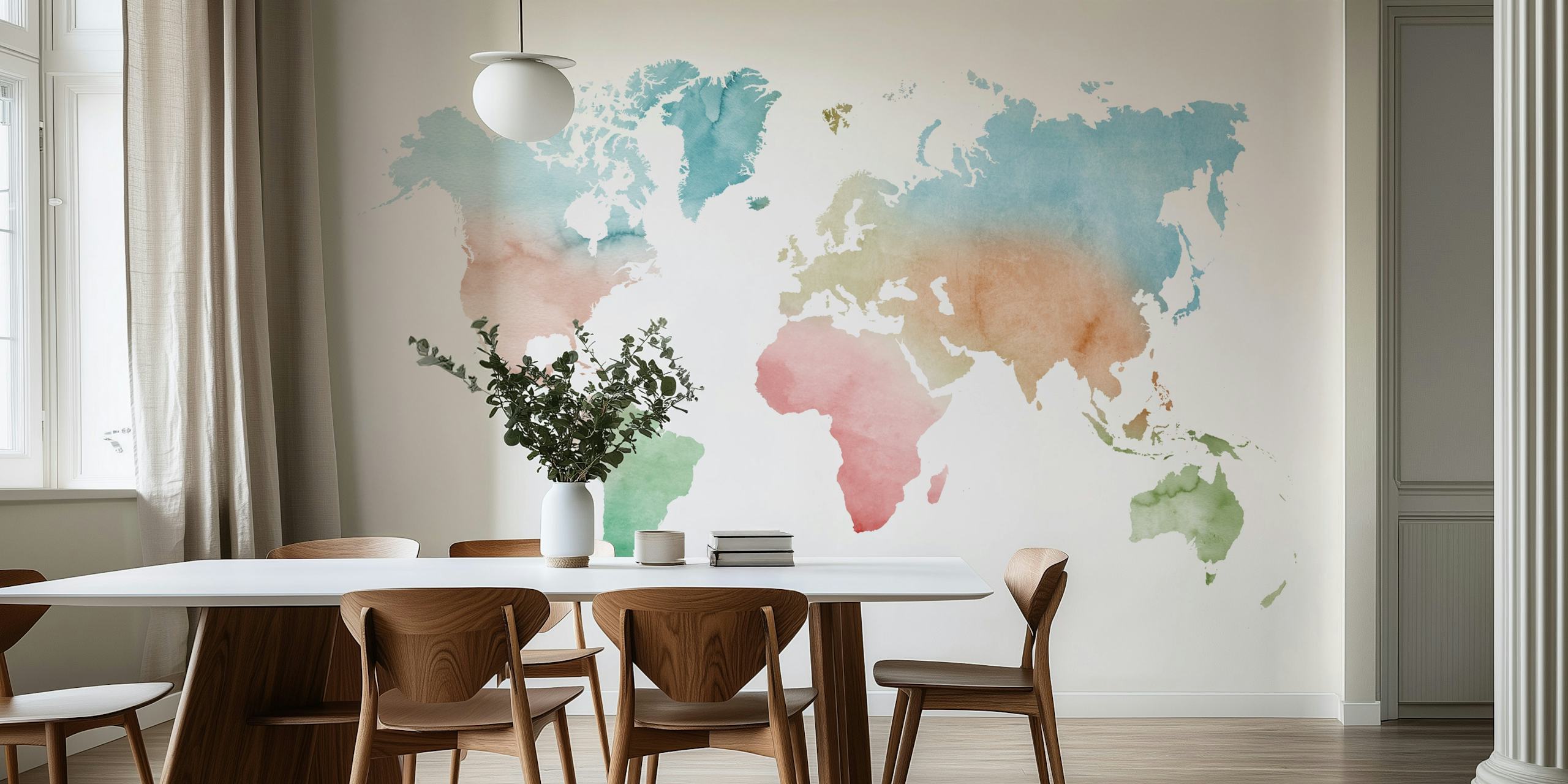 Pastels watercolor world map tapet i ett rum