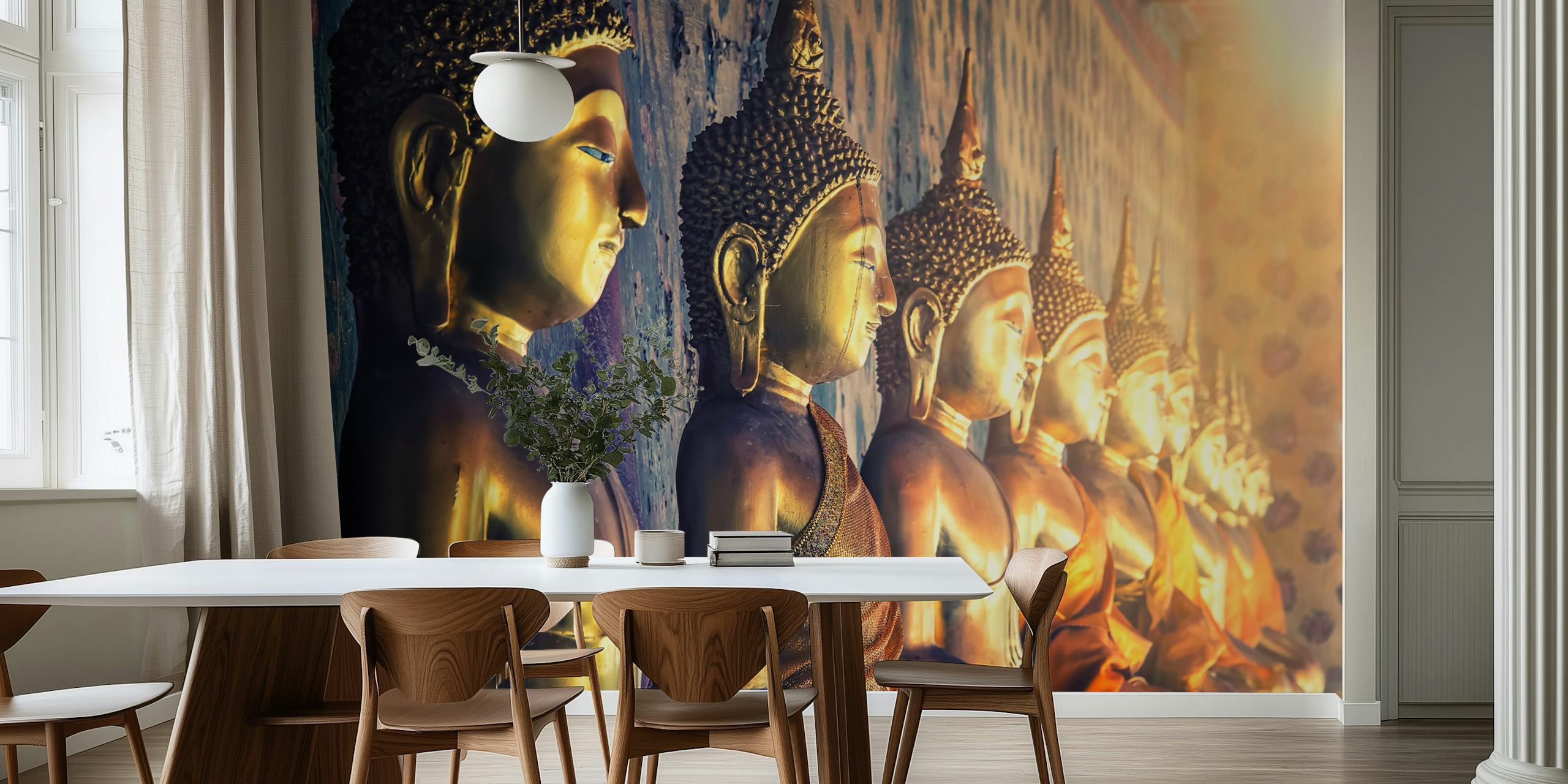 Golden Buddha statues on a patterned wall; decorative mural wallpaper
