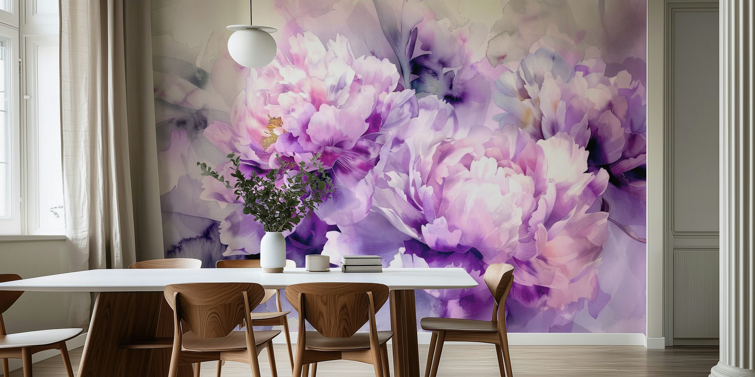 Purple peonies in soft pastels and watercolor style wallpaper