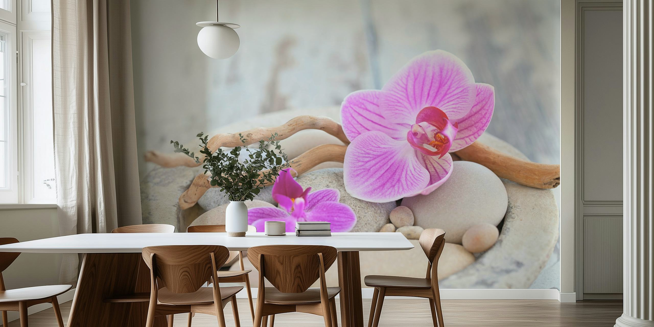 Zen Style Still Life with Pink Orchids