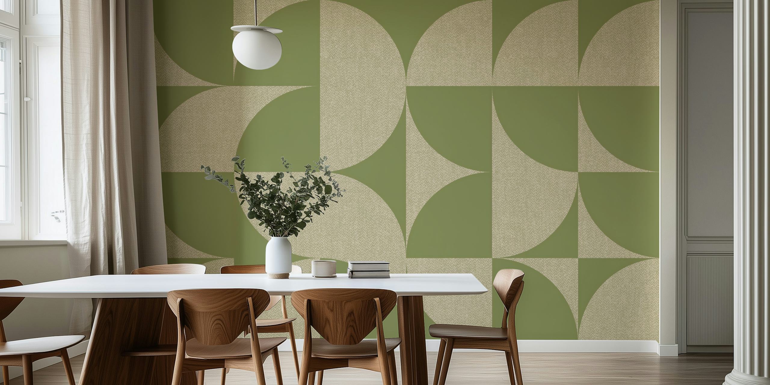 Mid-Century Muted Scandi Geo Sage wall mural with geometric patterns in calming green tones