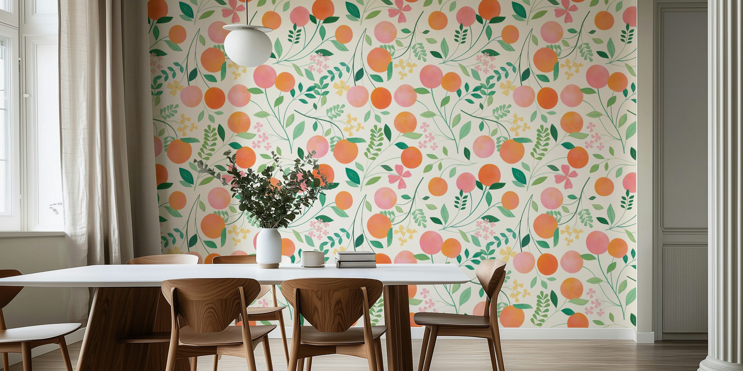 Peach and pink floral wallpaper with green leaves