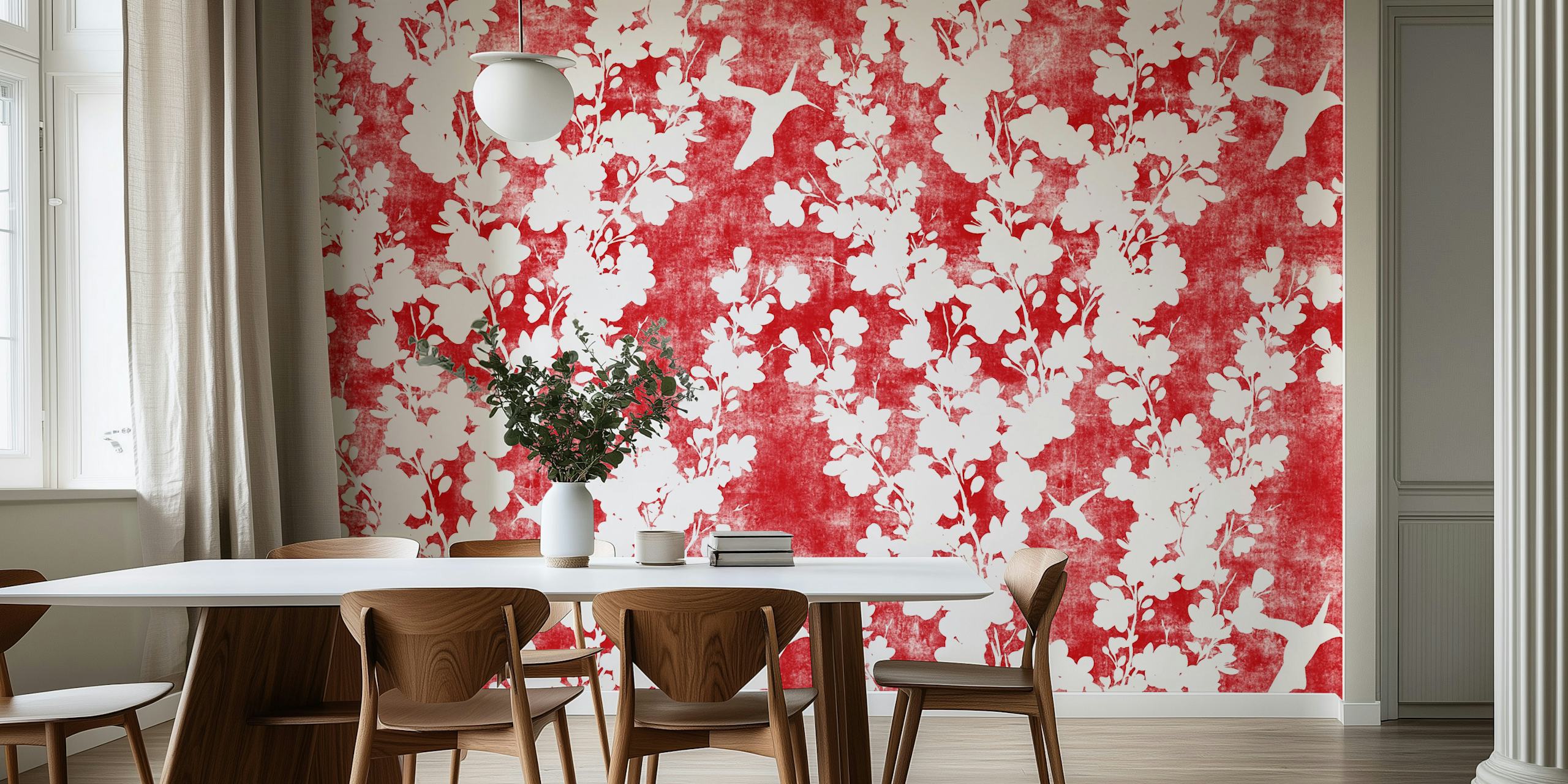 Scarlet red background with white cherry blossom silhouette pattern wall mural