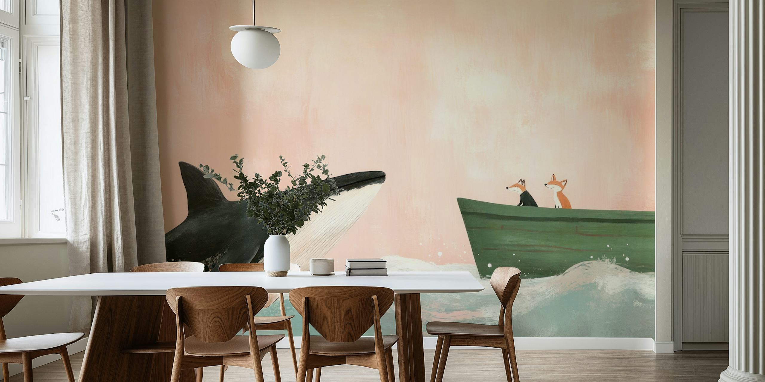 Whale and fox characters with ocean waves and soft pink background wallpaper