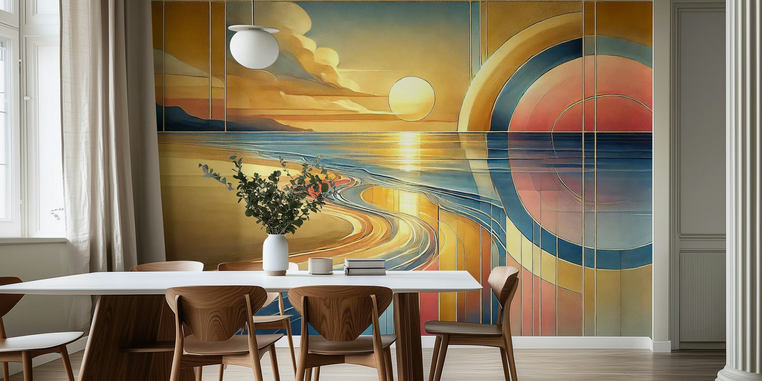 Art Deco wallpaper featuring geometric shapes and a sunset color palette