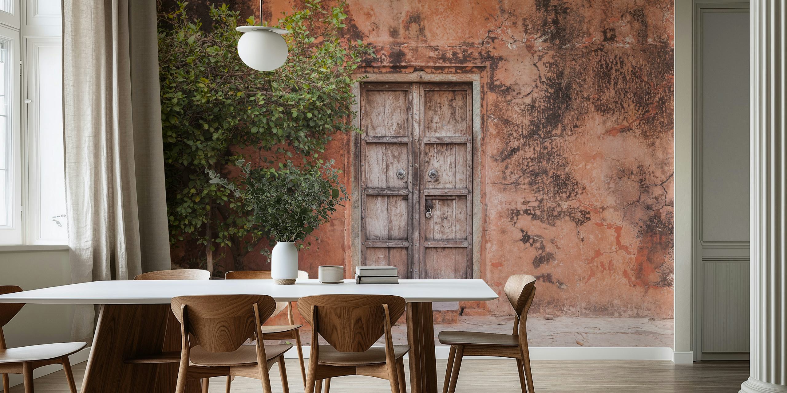 Rustic wooden door against a textured earthy wall wallpaper