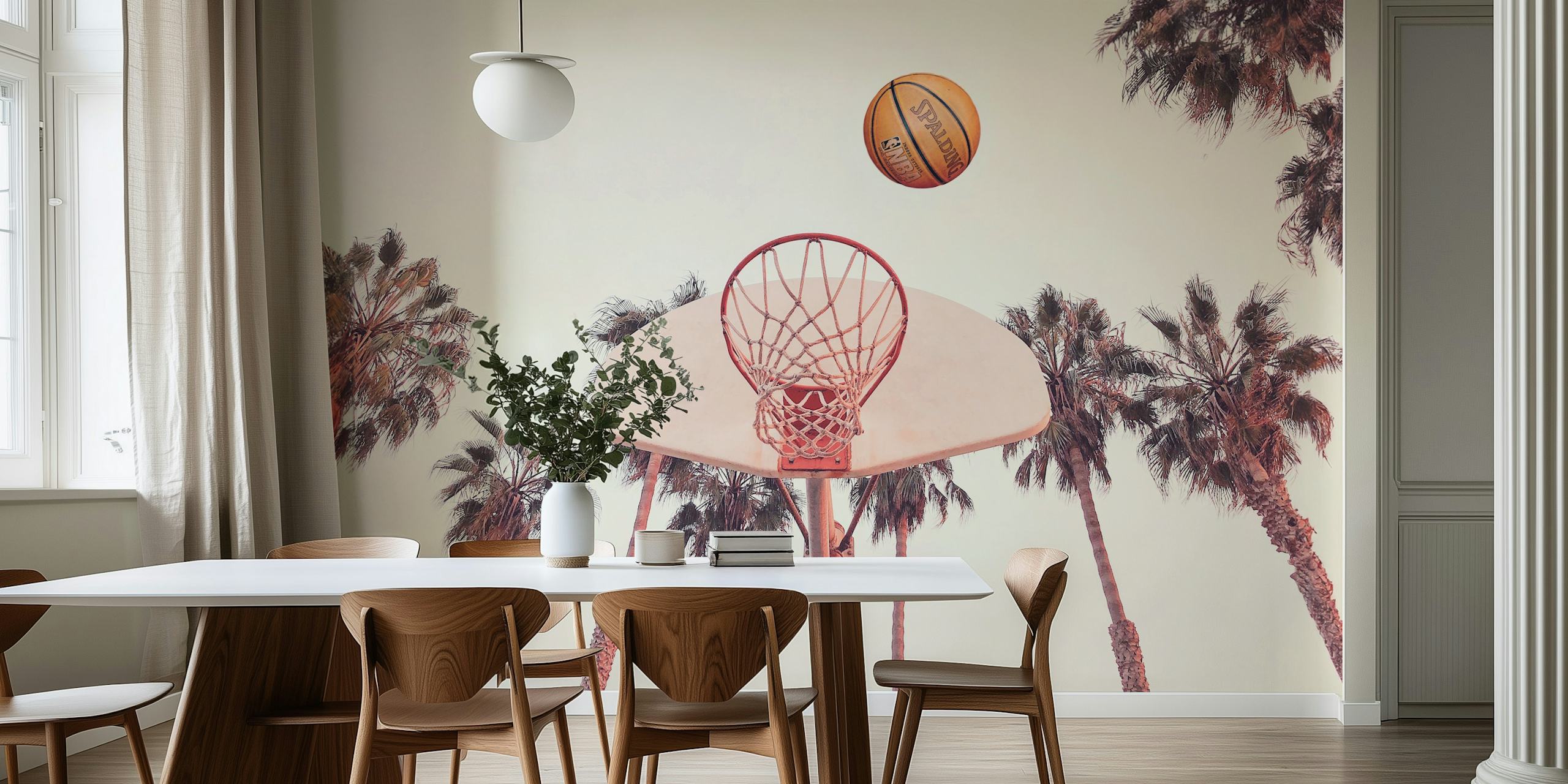 Basketball hoop with palm trees at sunset wallpaper