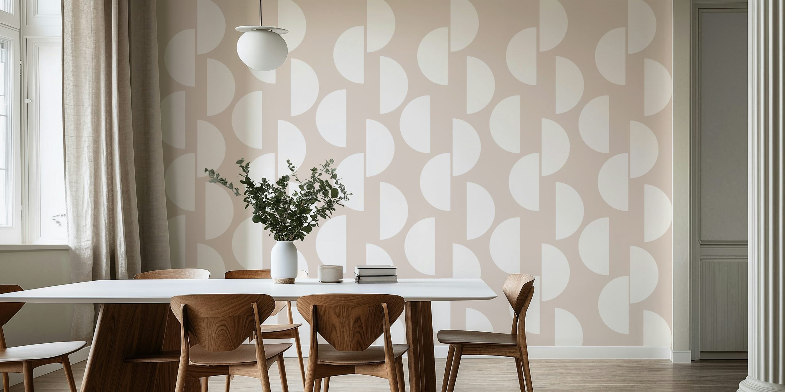 Mid Century Half Moon pattern in white on soft beige wallpaper