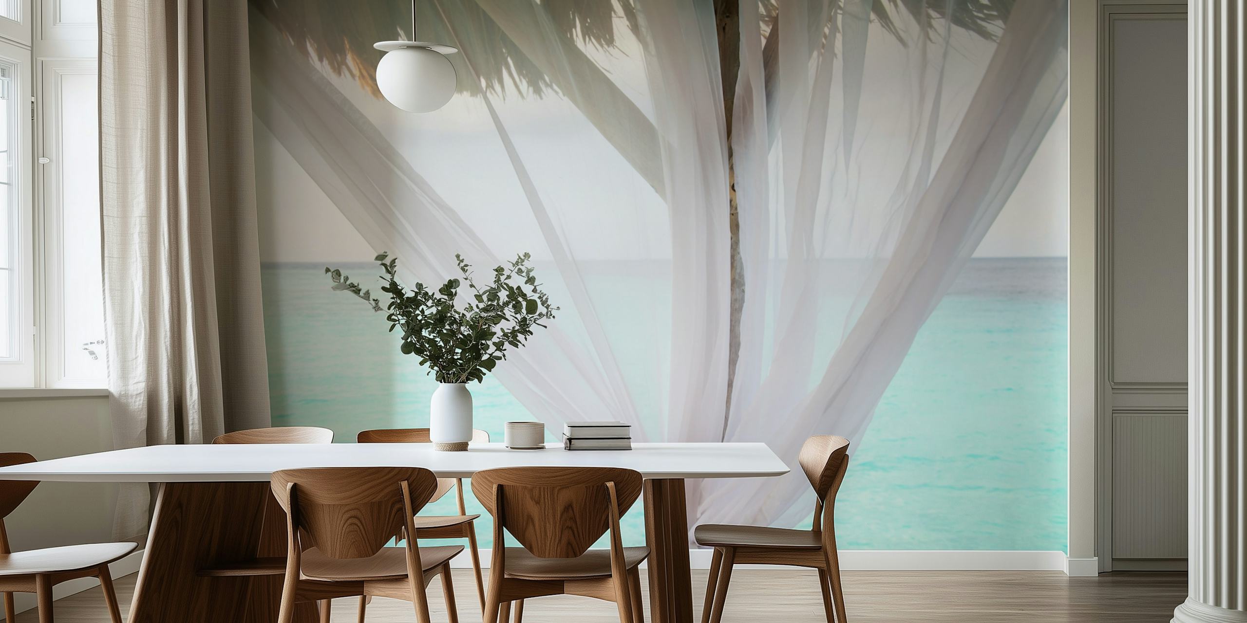 Tropical beach scene with soft pastel hues and sheer drapes wallpaper