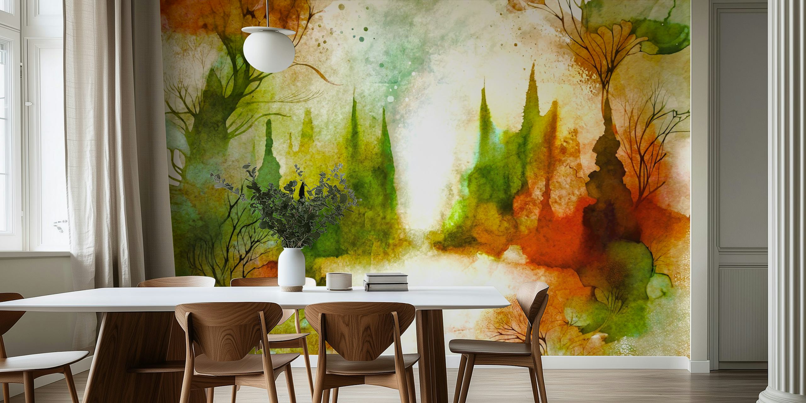 Papier peint Dreamy Autumn Forest montré dans une pièce