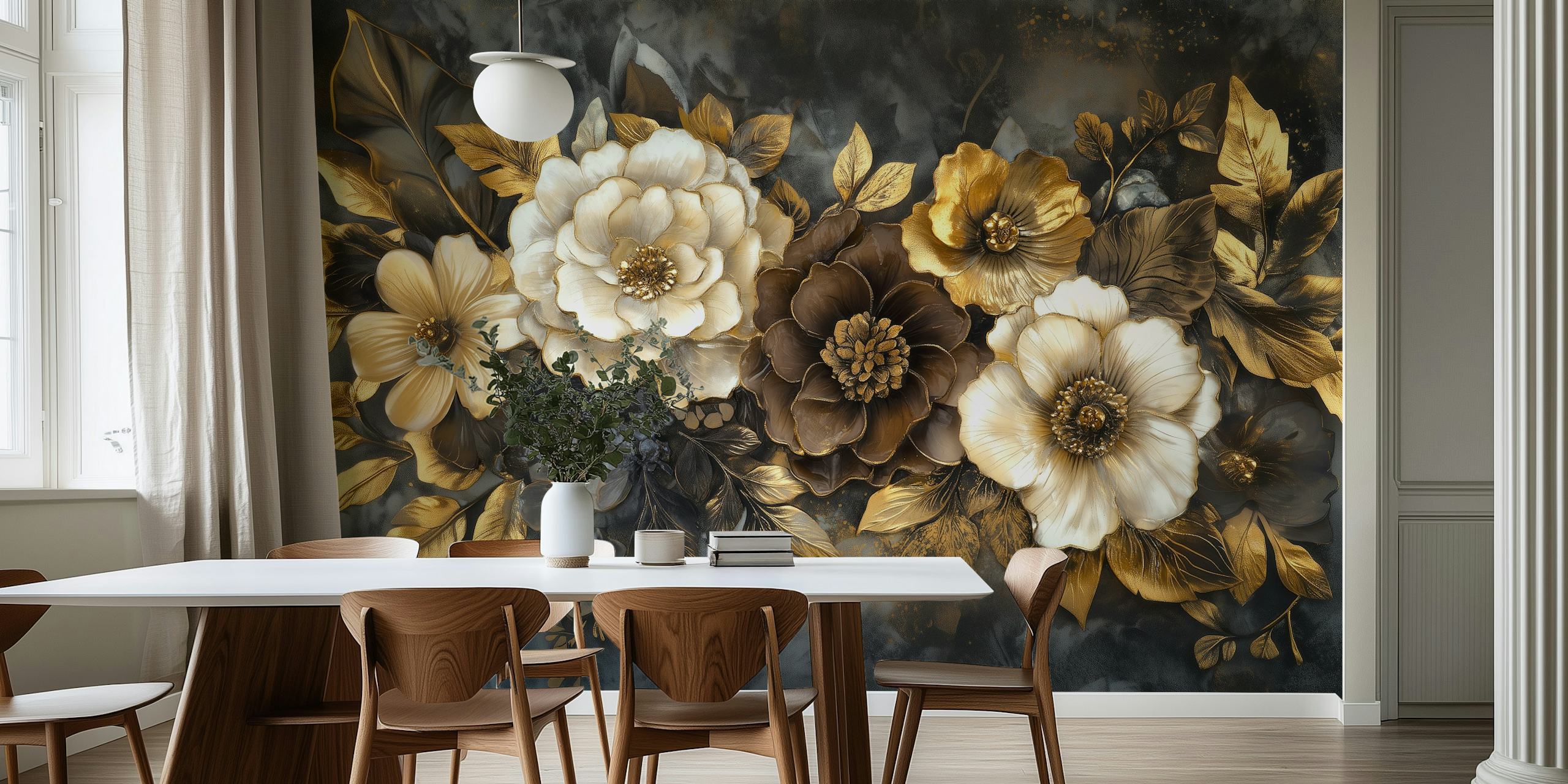 Gold and cream floral design on dark background wallpaper