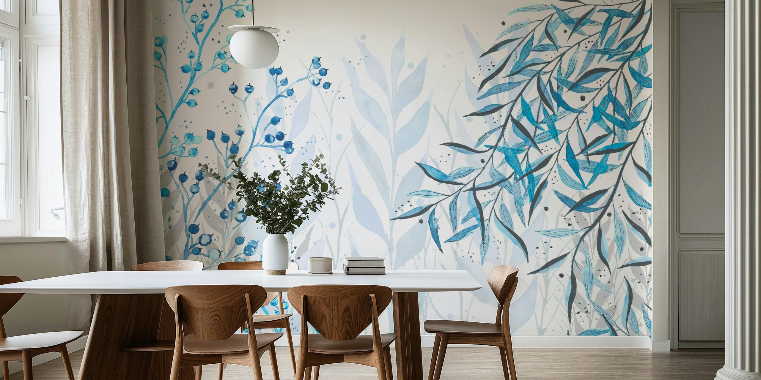 Modrá botanická nástěnná tapeta v pokoji