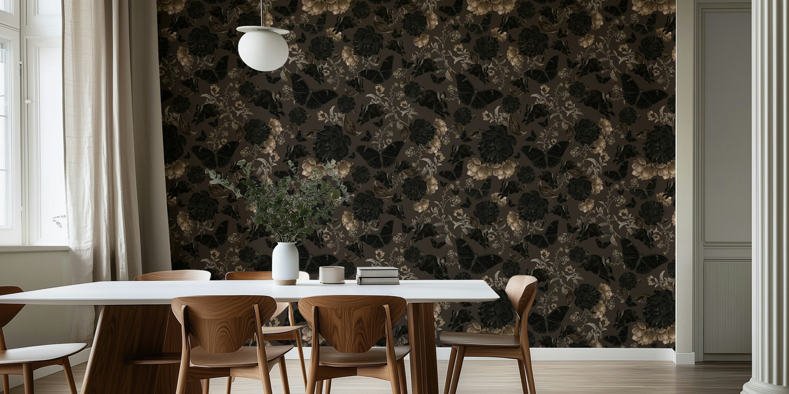 Gothic black floral wallpaper with roses and moths design