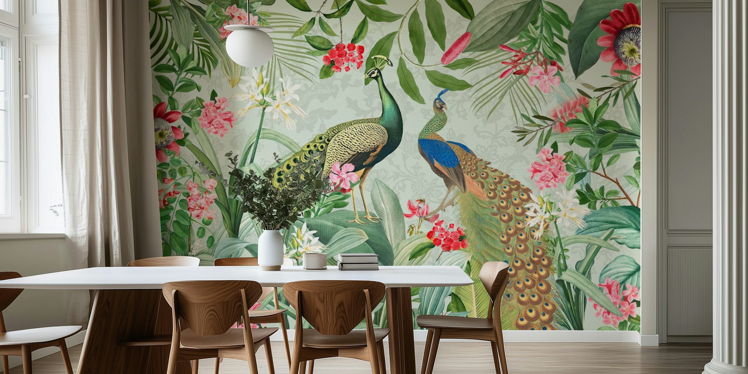 Blue Peacock Exotic Jungle Garden wallpaper design