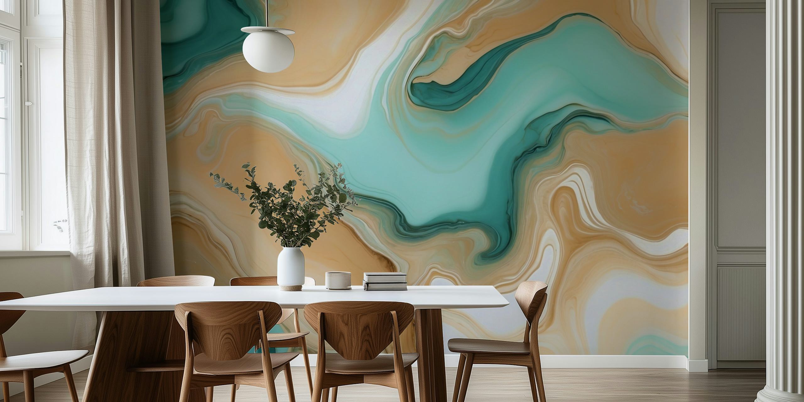 Marbled Flow Art Beige Og Mint Tapet I Et Rom
