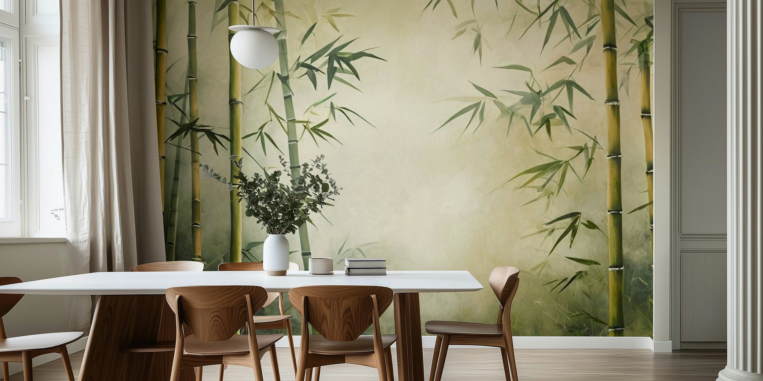 Bamboo stalks and leaves in soft greens and beige wallpaper