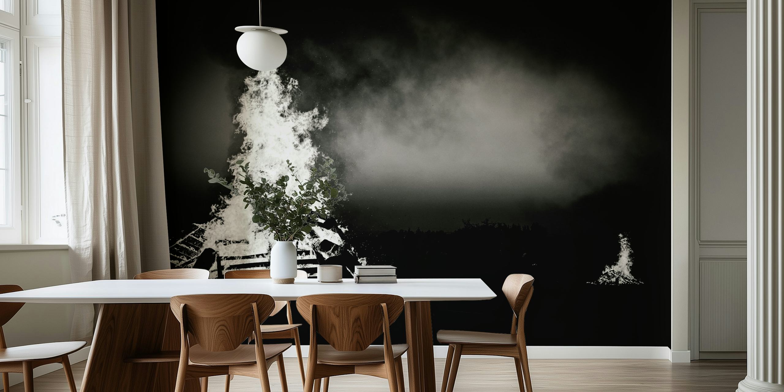 Black and white bonfire wallpaper with flames and smoke