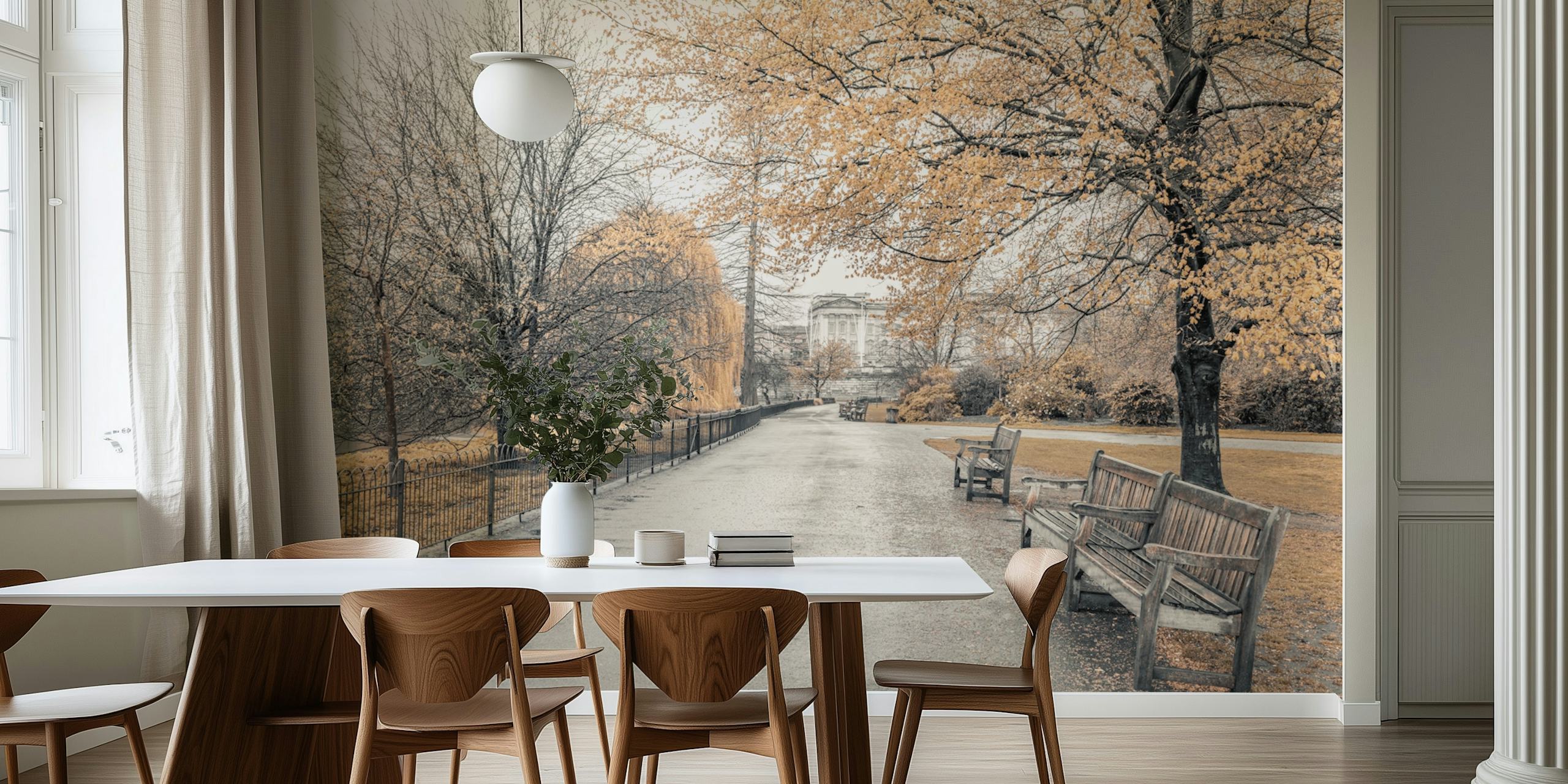 Scenic autumn park pathway with benches and trees, warm earthy tones wallpaper