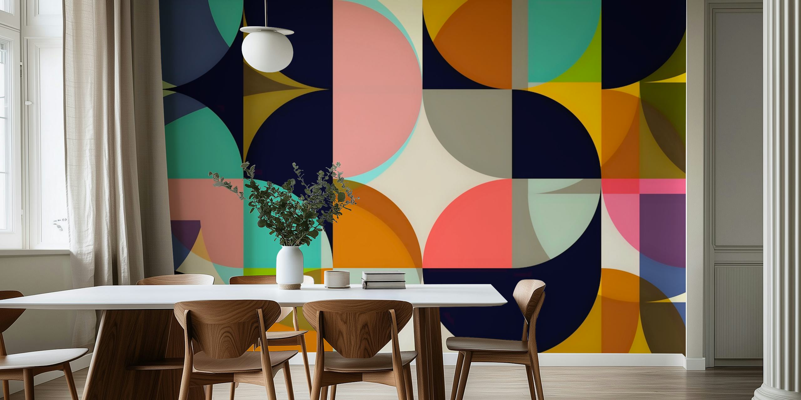 Geometric shapes in pink, teal, navy, and mustard colors wallpaper