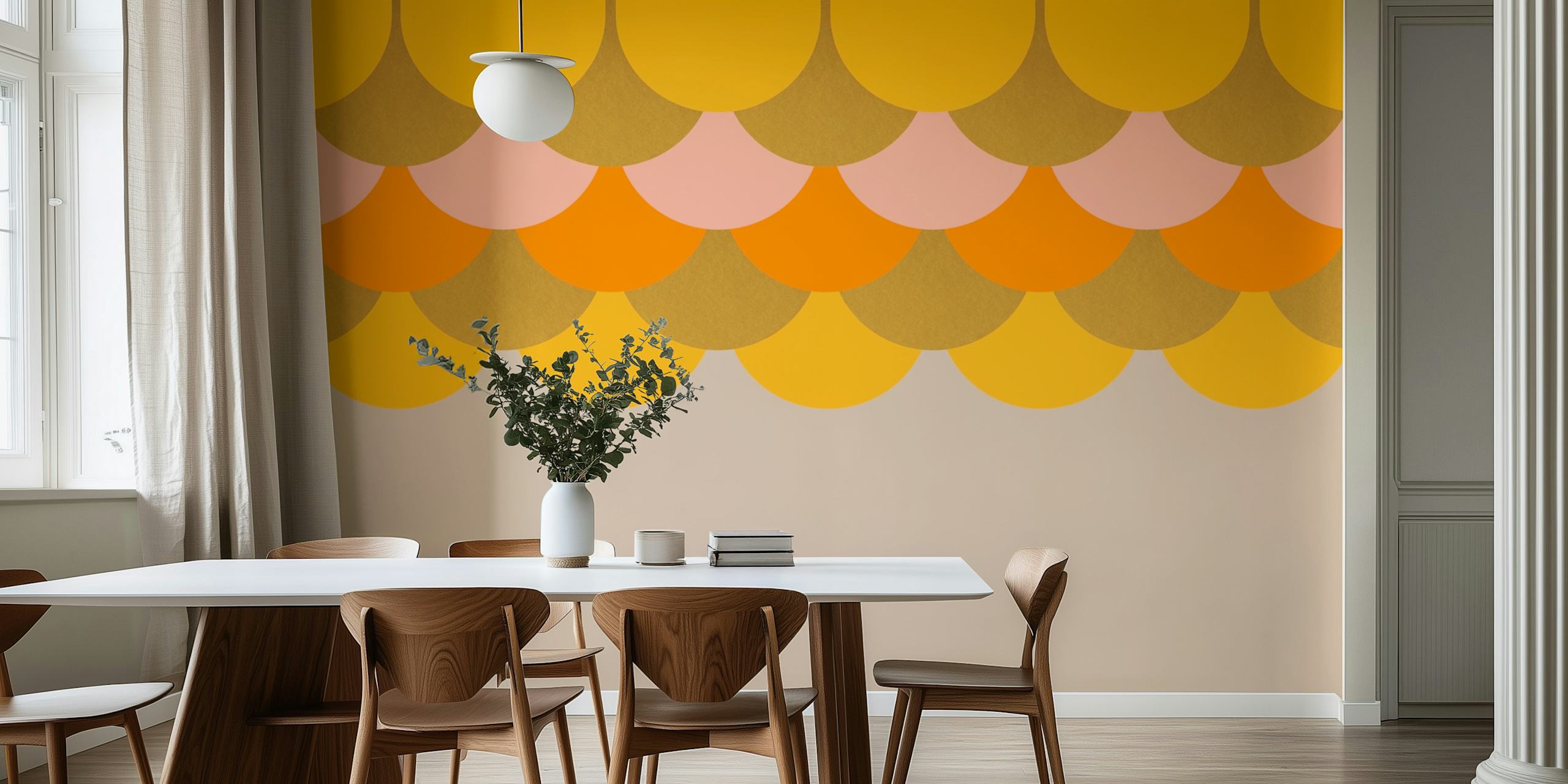 Colorful retro scales pattern in yellow, orange, and pink wallpaper