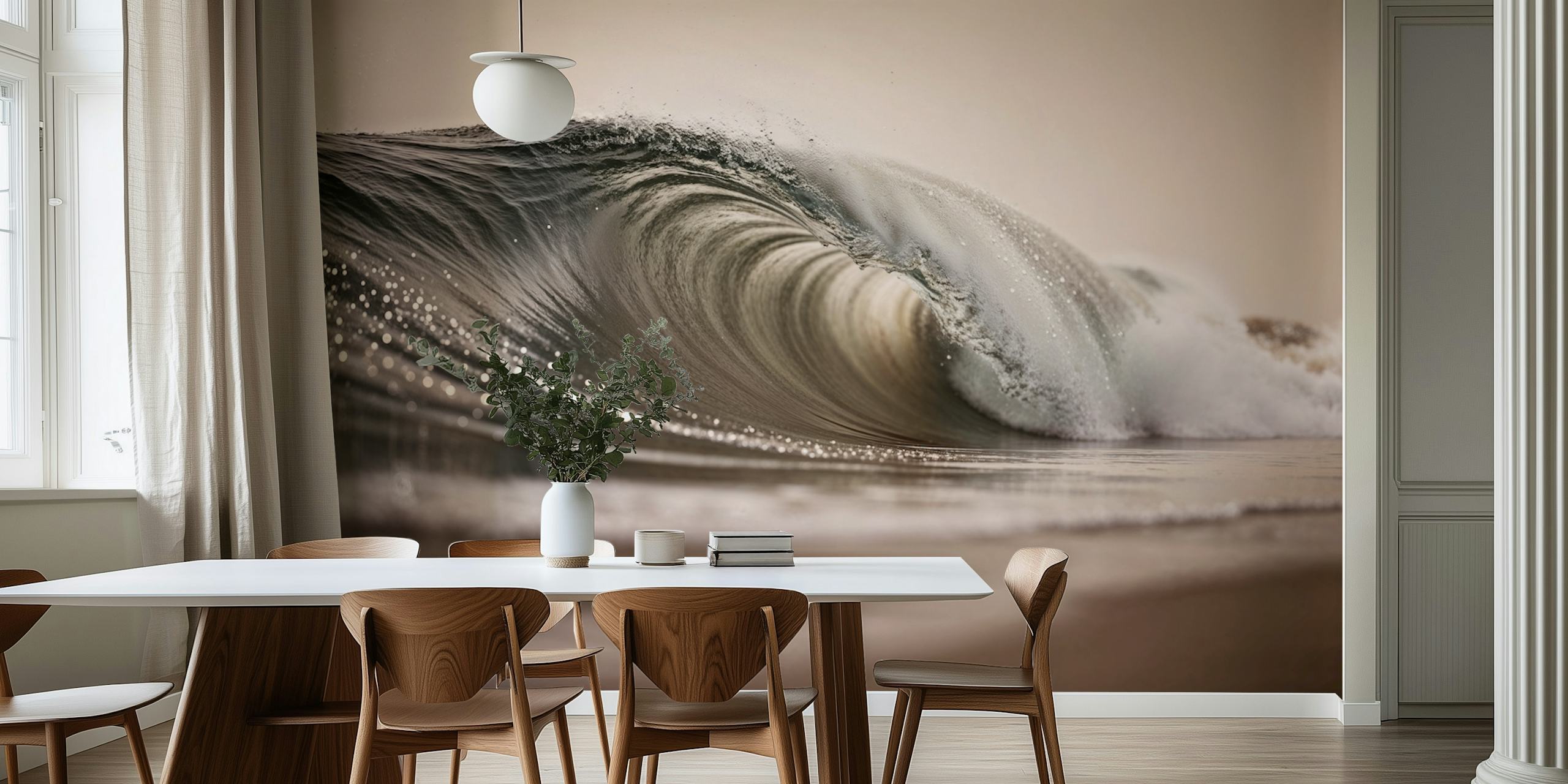 Beige and gray wave pattern wallpaper with sparkling water effect