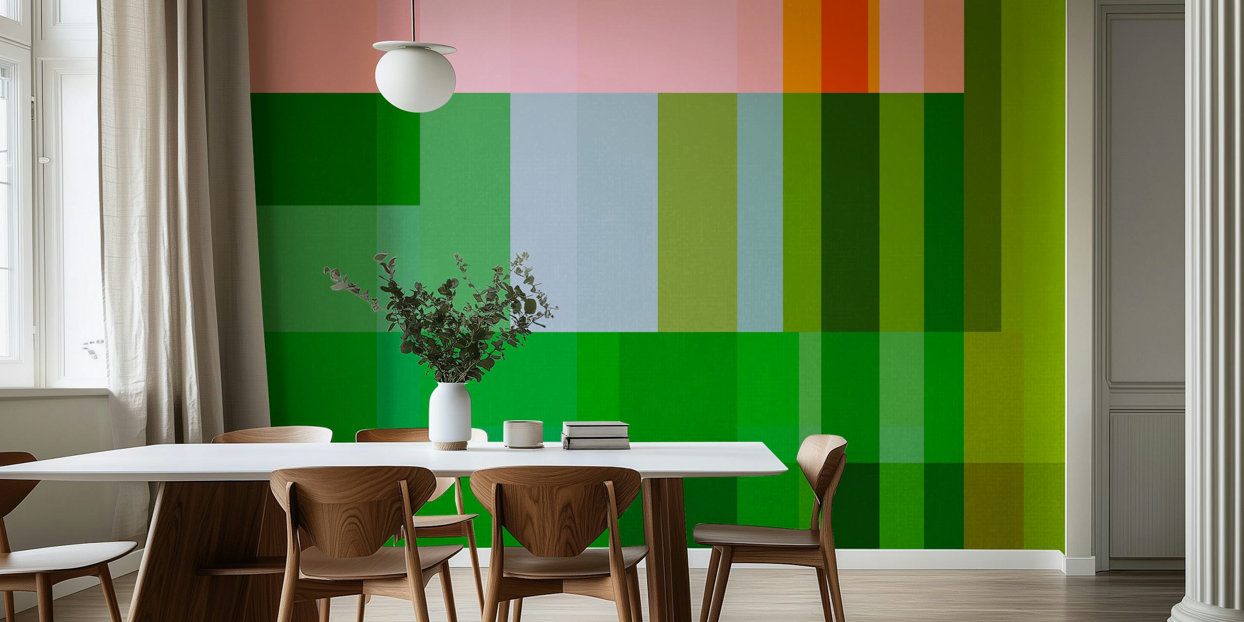 Mid Century Geometric green wallpaper in a room